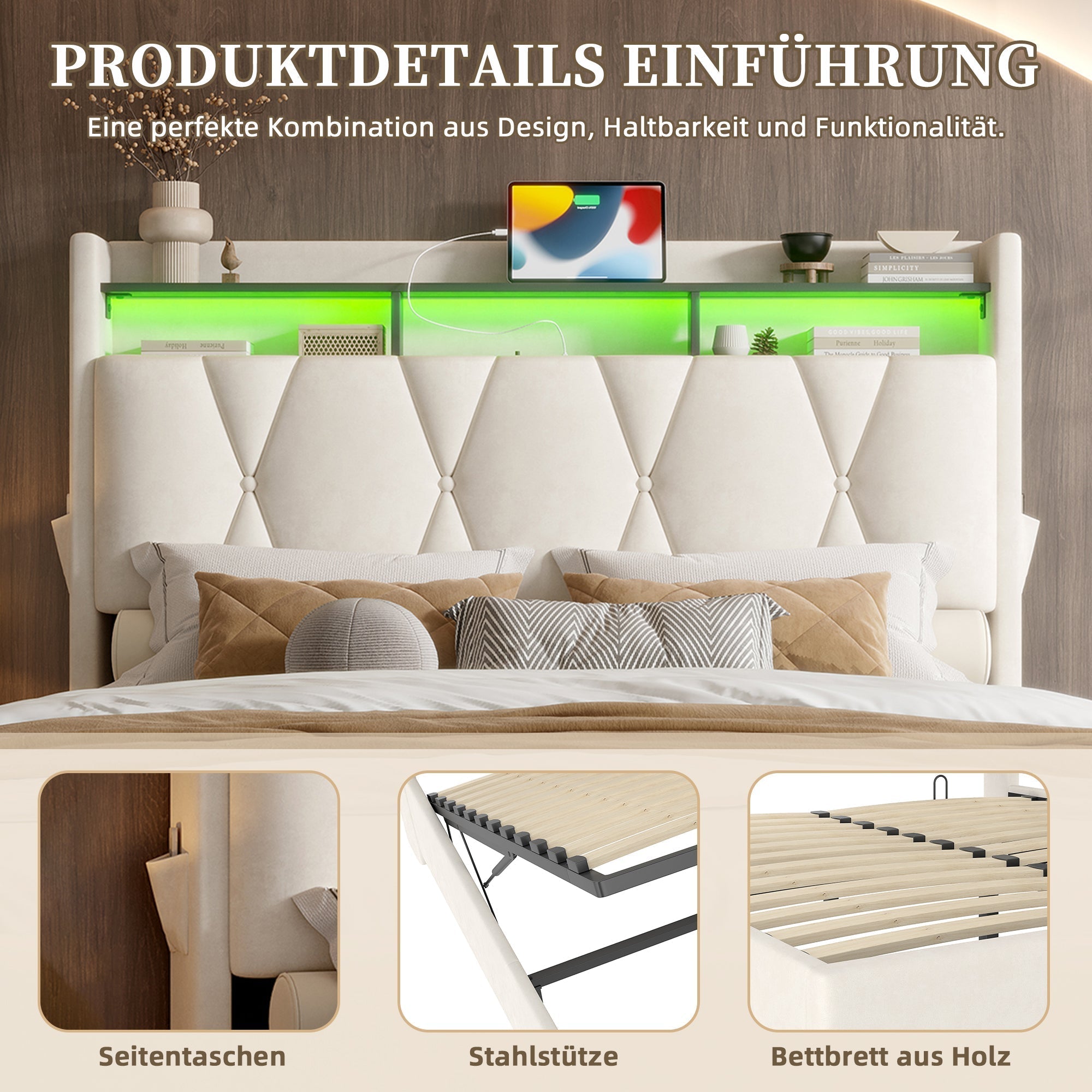 Upholstered Bed Frame 140x200 LED USB Hydraulic Storage Headboard, Beige
