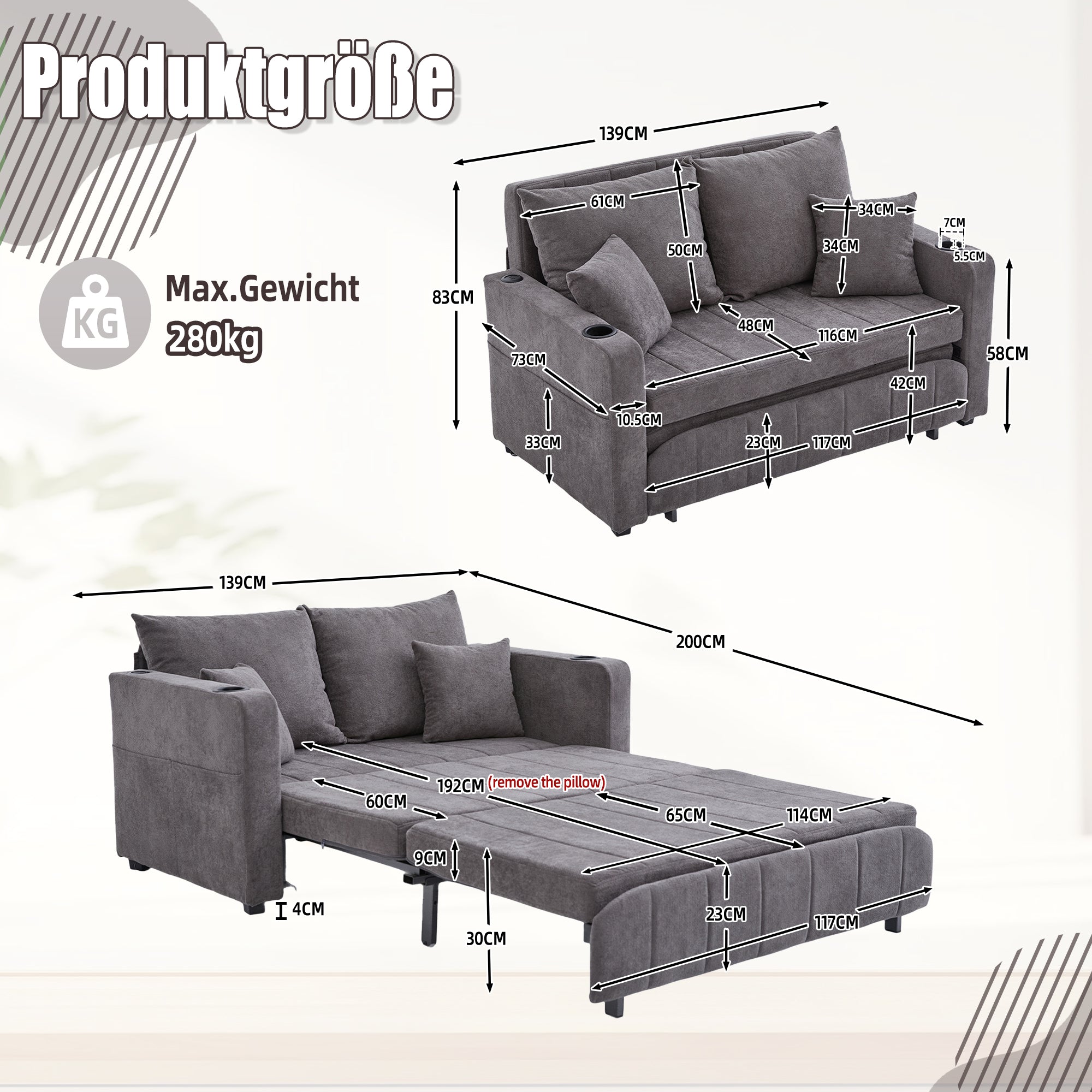 Chair, Multifunctional Folding Pull-Out Sofa with Storage, USB Charging, Cup Holder, Fabric