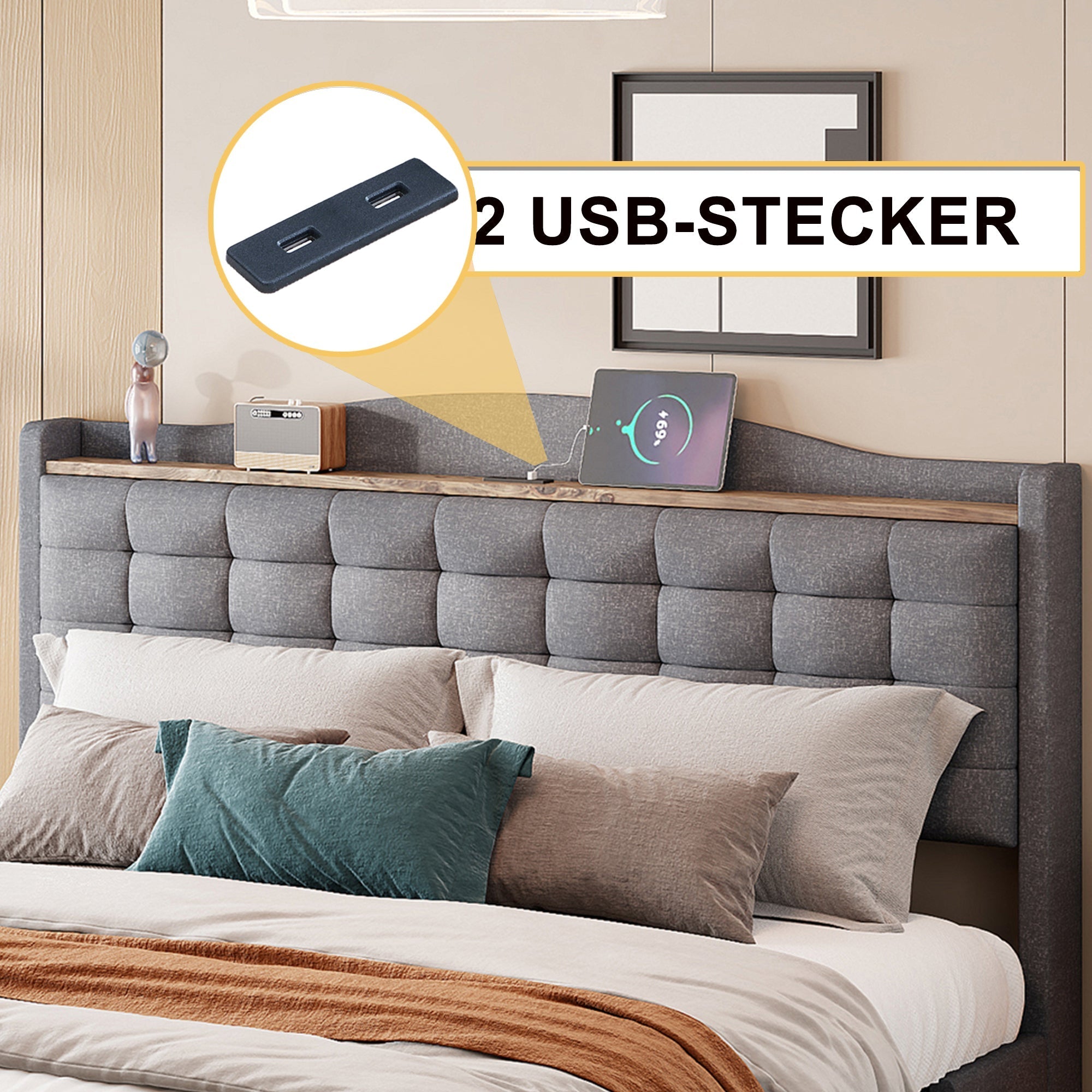 Upholstered Bed, 140x200cm Double Flat with 4 Drawers & USB Bedside Table, Gray Linen