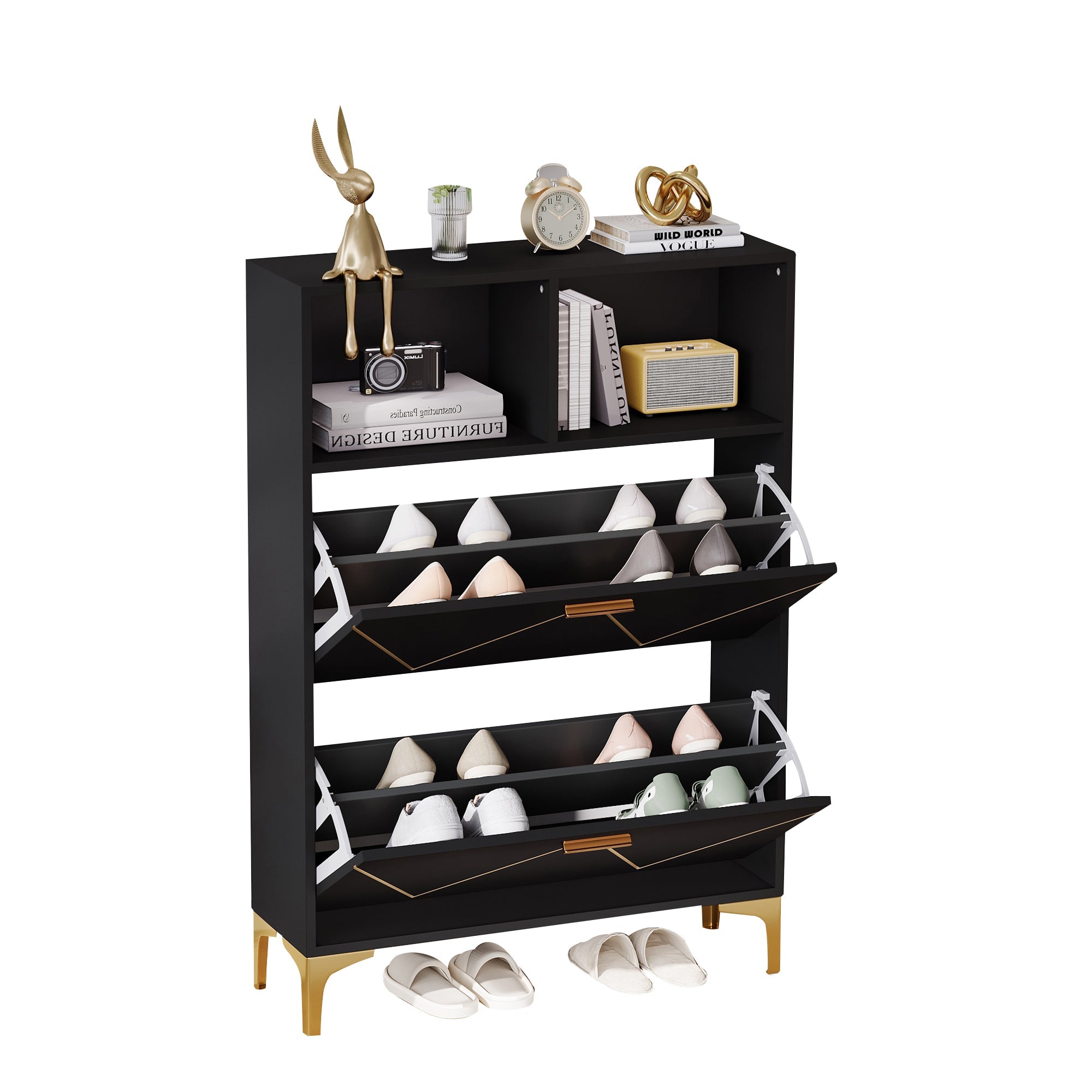 Shoe Cabinet 80x25x117cm Drop-Down Doors Storage Shelves Raised Legs, MDF+Metal