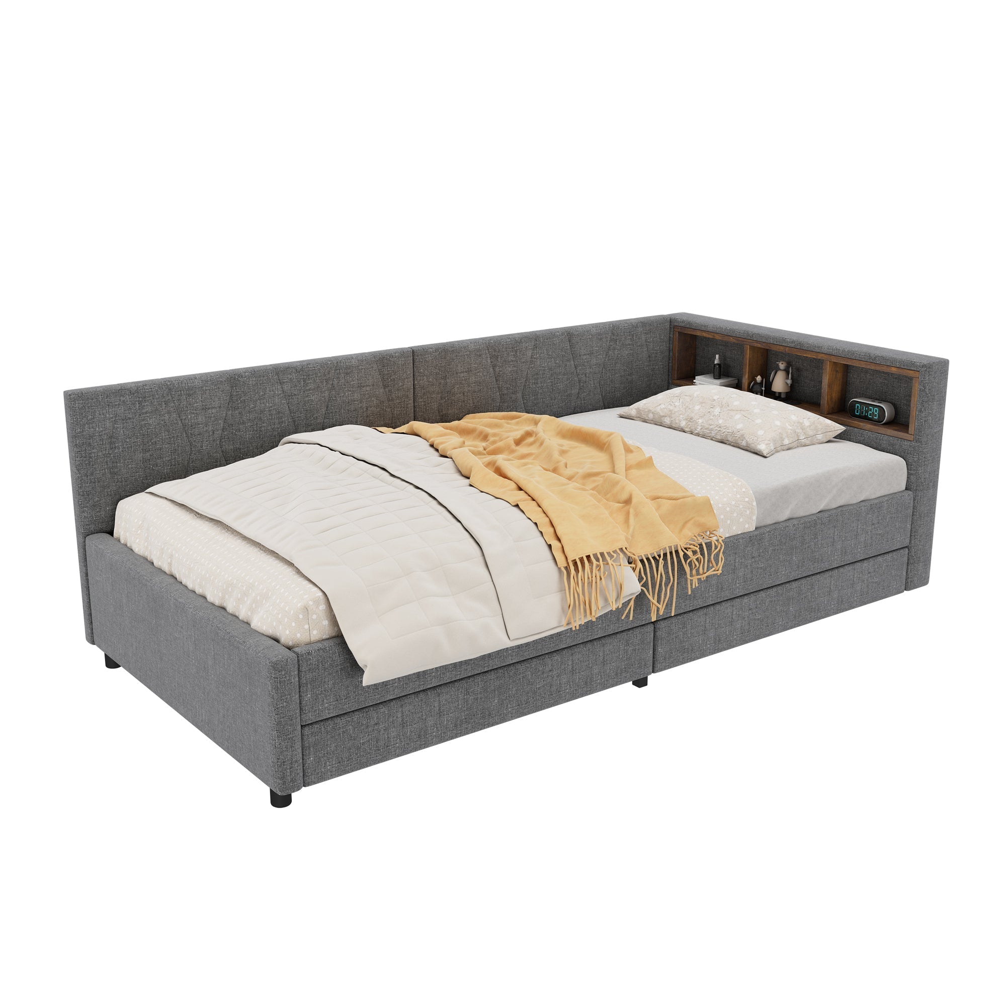 Daybed Sofa Bed 90x200cm Storage Compartment USB/Type C Two Drawers Linen Grey