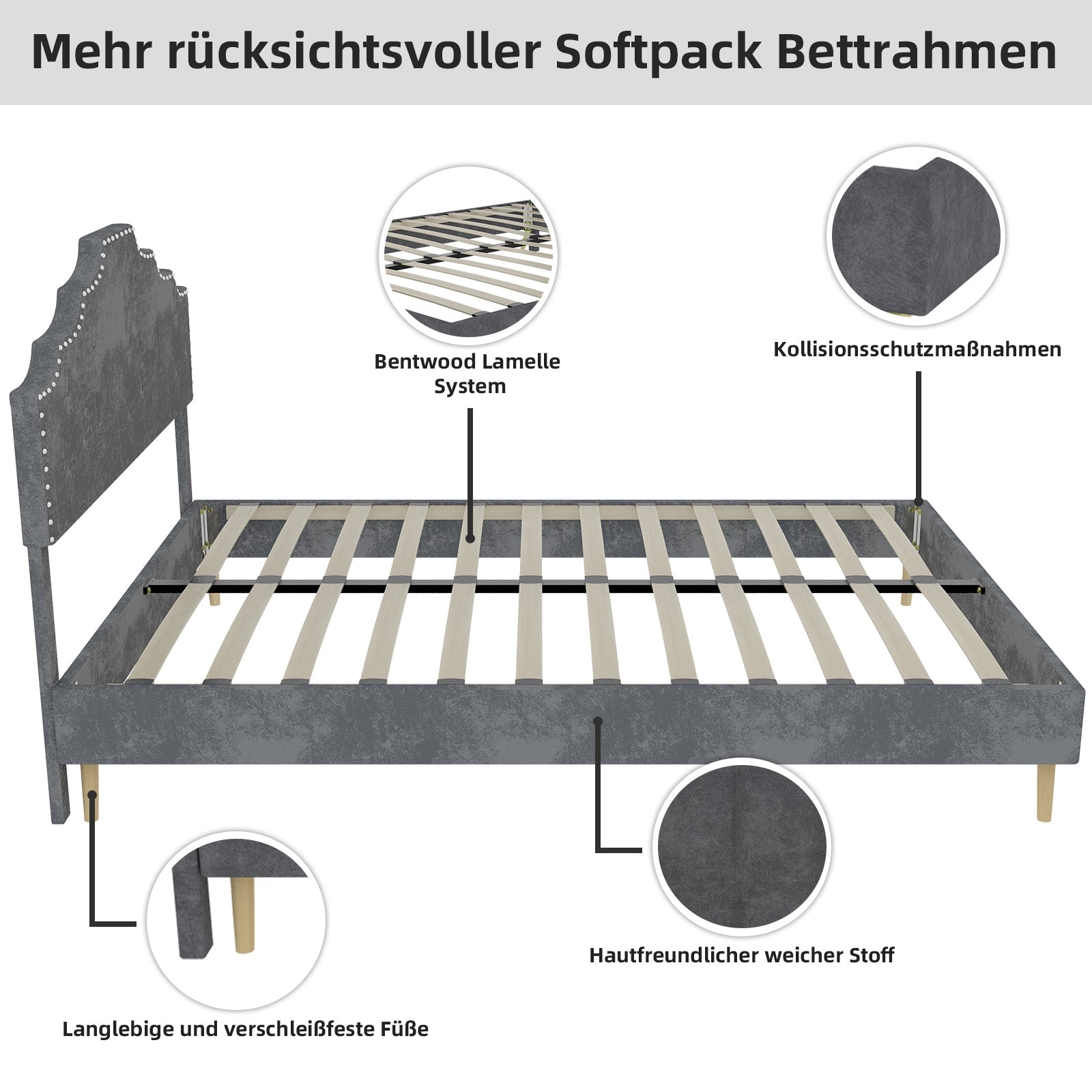 Modern Minimalist Soft Bed with Comfortable Headboard and Low Box Frame 160x200cm, Gray