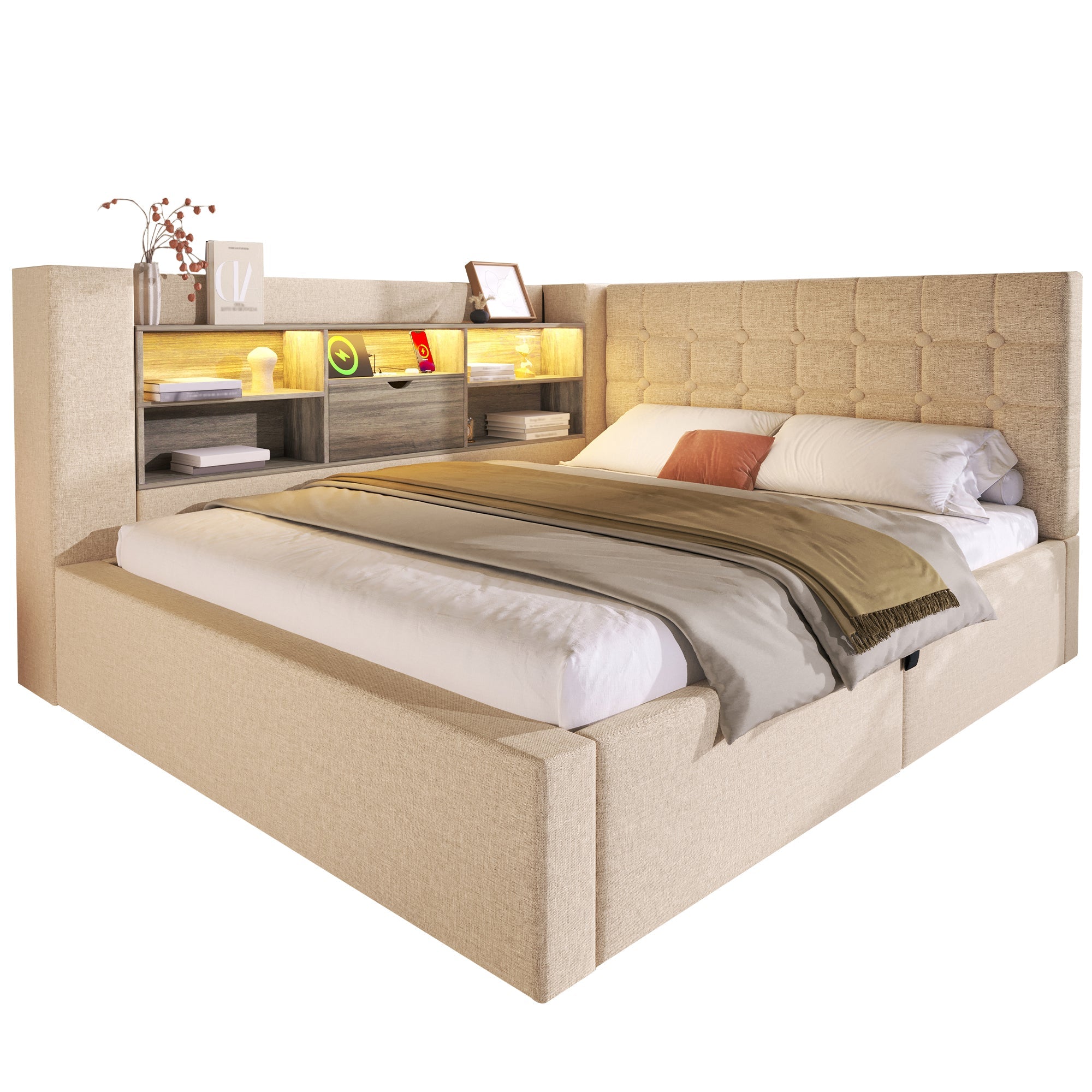 Upholstered Double Bed with LED Lighting, Hydraulic Storage and L-shaped Headboard, 140x200cm, Beige Linen