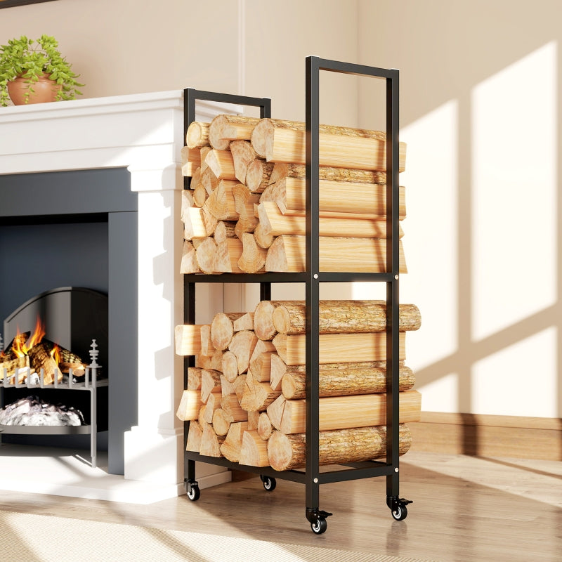 Indoor Firewood Rack 2 Levels With Wheels Steel - Black