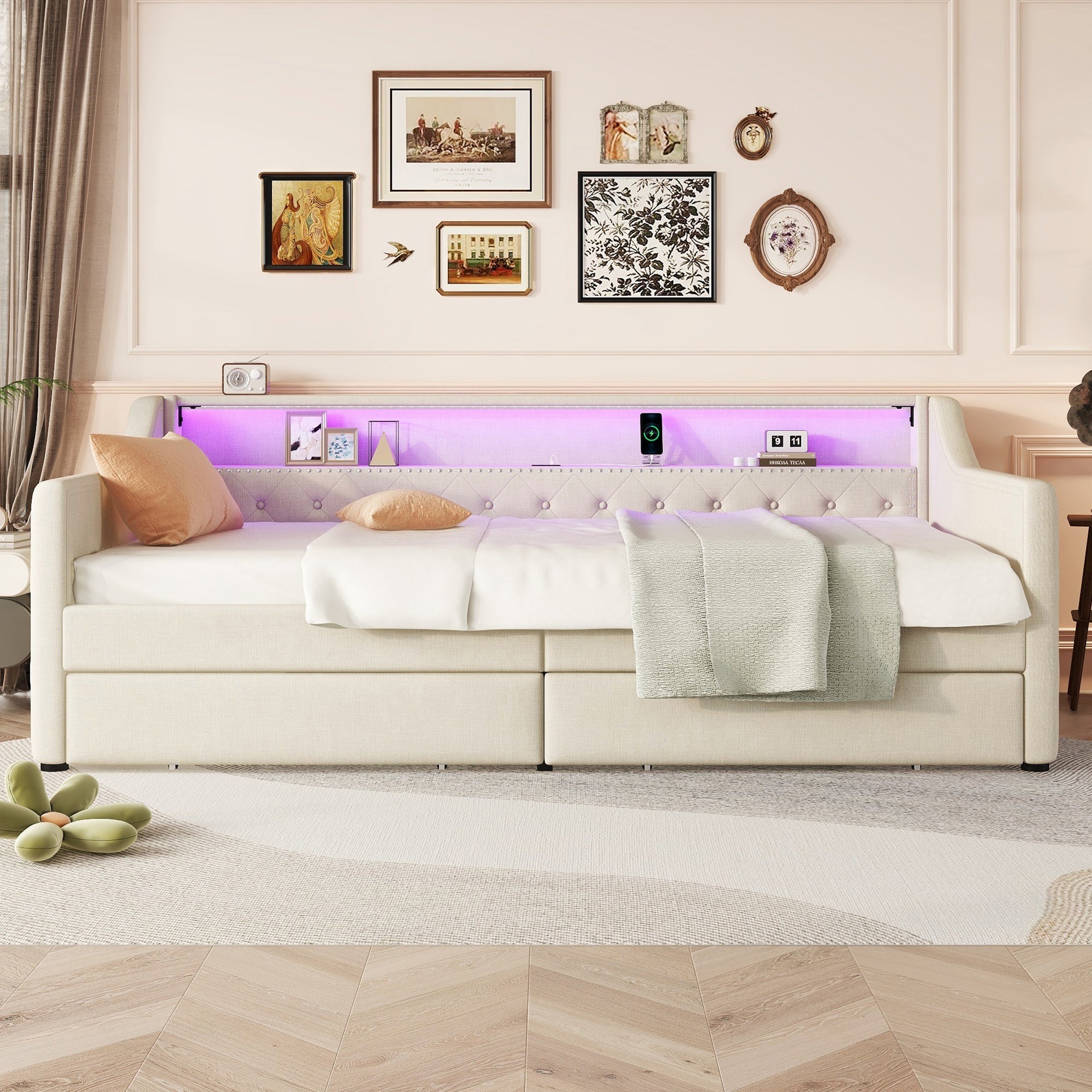 Daybed 90x200cm Ambient Light 2 Drawers USB - Linen Beige