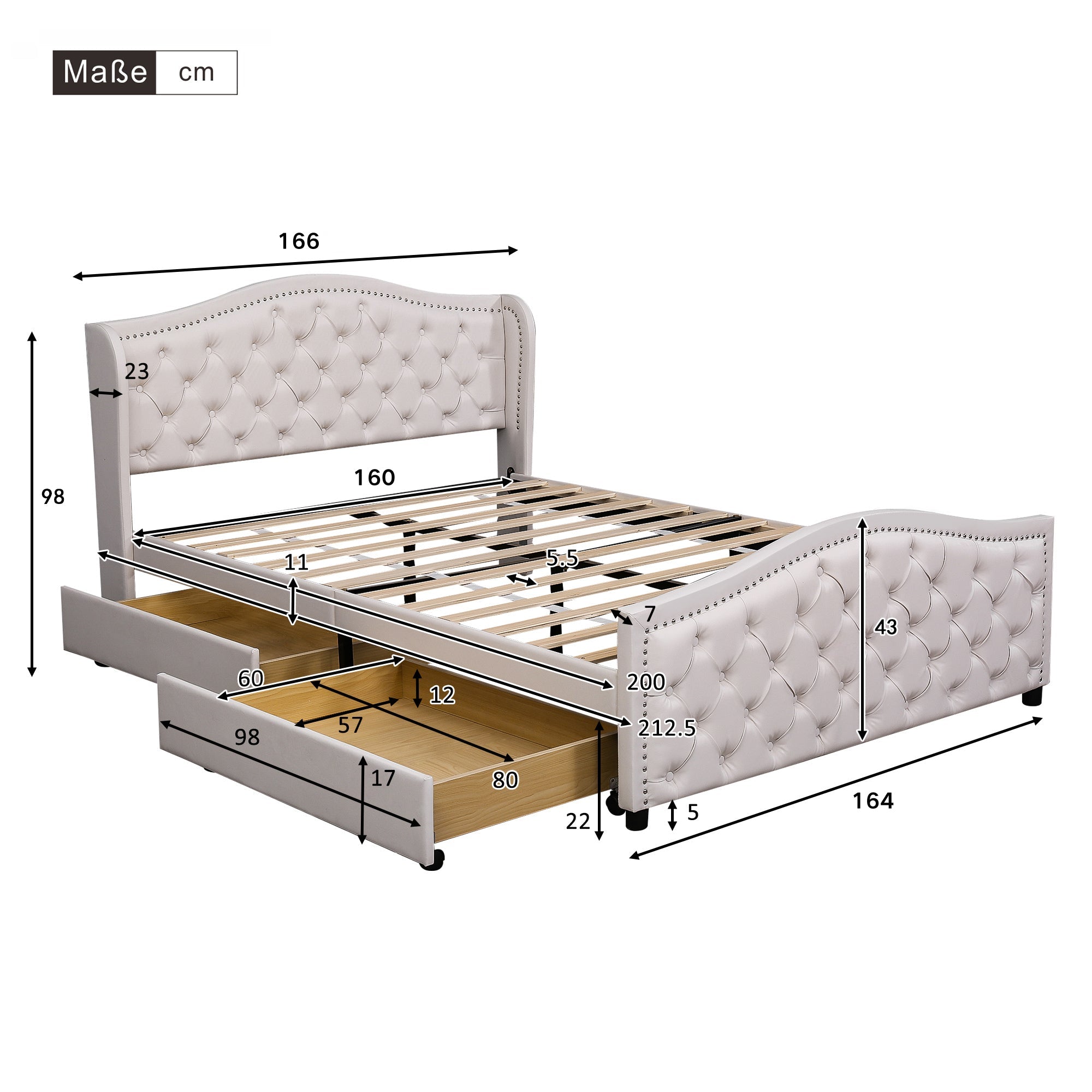 Upholstered Bed 160x200cm with 2 Drawers Rivet Headboard - White Faux Leather