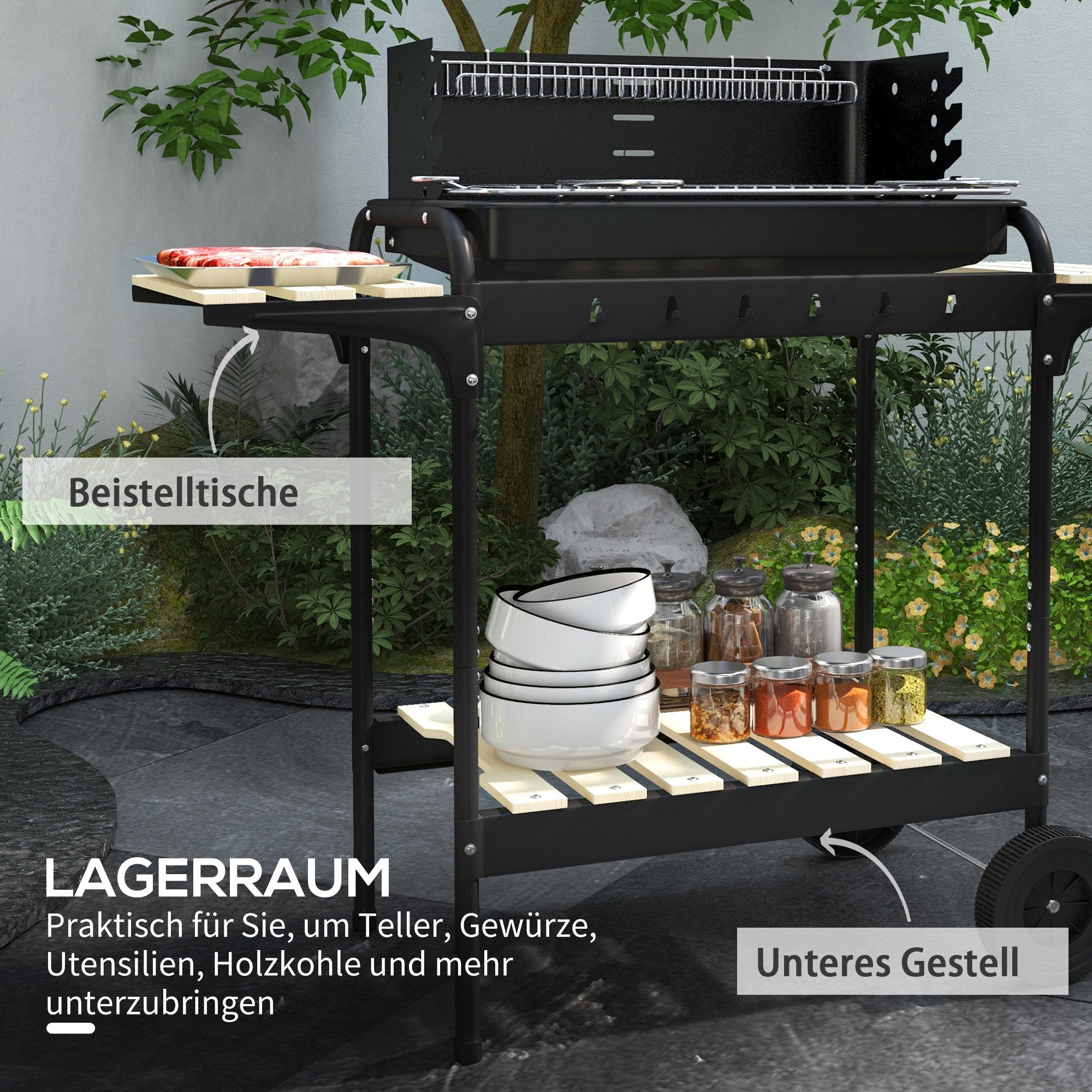 Charcoal Grill BBQ Smoker with Wheels, Adjustable Grate, Wood Shelf, Metal