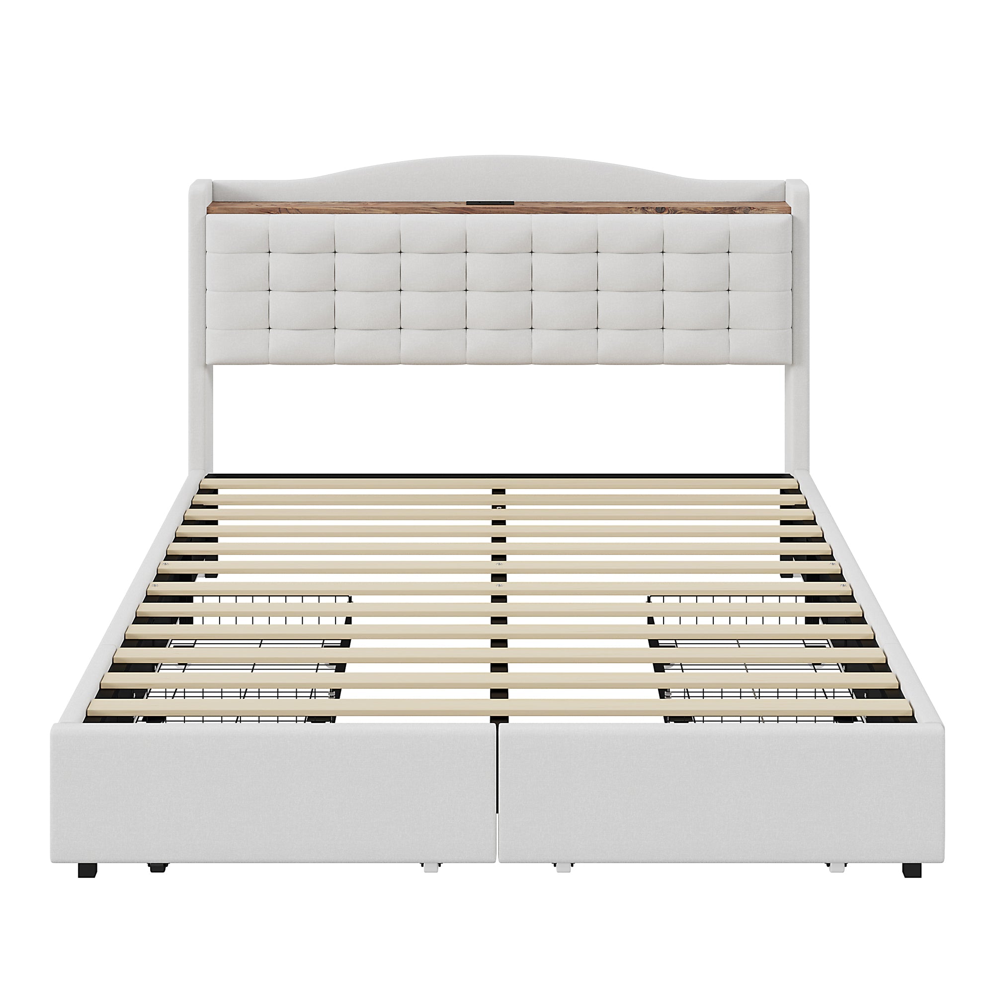 Upholstered Bed 140x200cm, USB Charging & Storage, 4-Drawer, Linen Fabric Beige