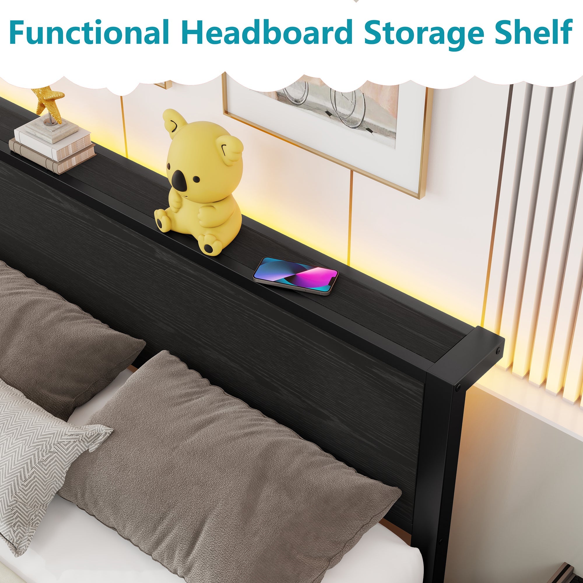 Metal Bed Frame 140x200cm Storage Headboard Noiseless - Black