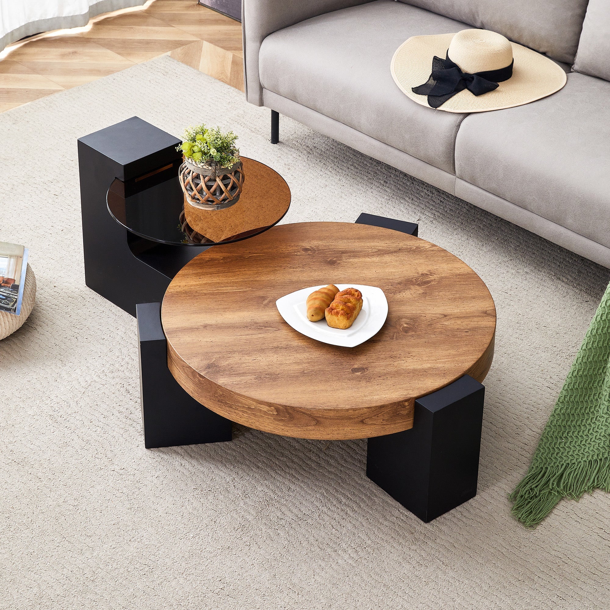 Round Coffee Table Two-Tier Detachable Transparent Brown Glass Top Black MDF Legs