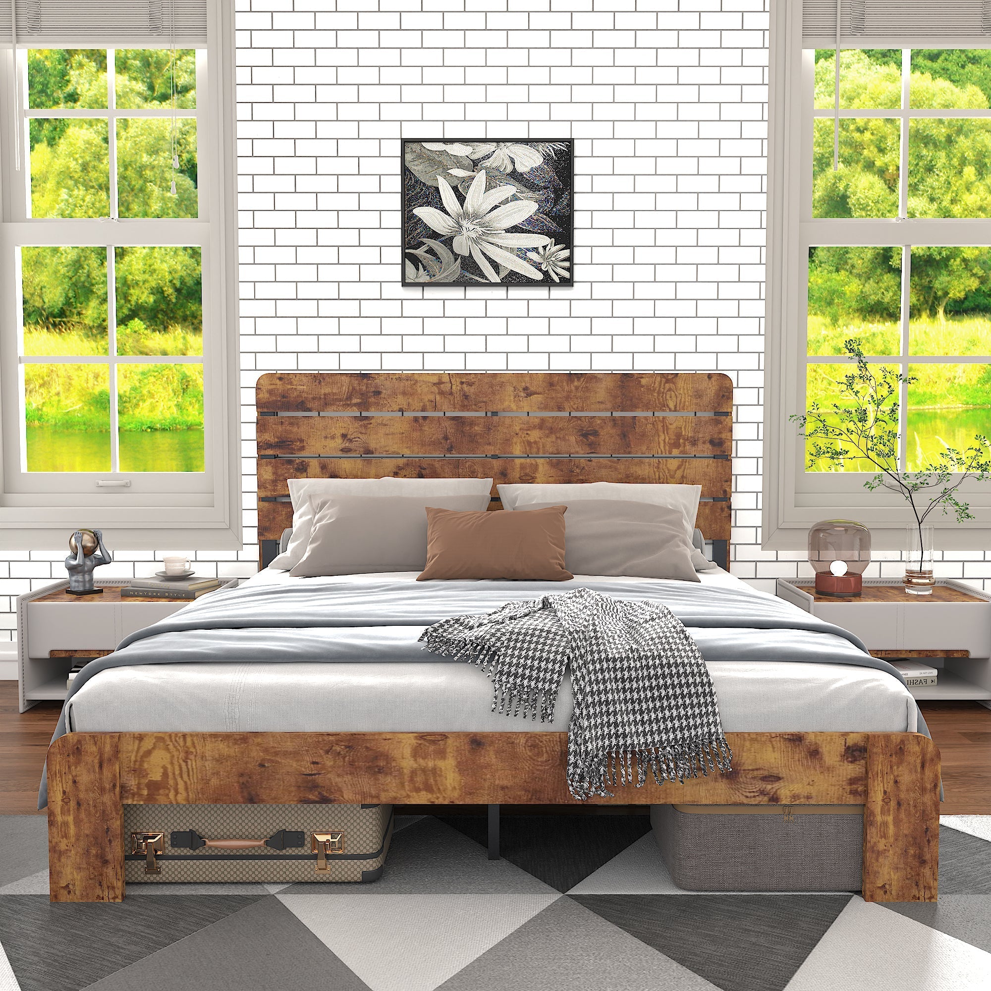 Wooden Double Bed 160x200cm Antique Frame High Headboard, Wood/Iron