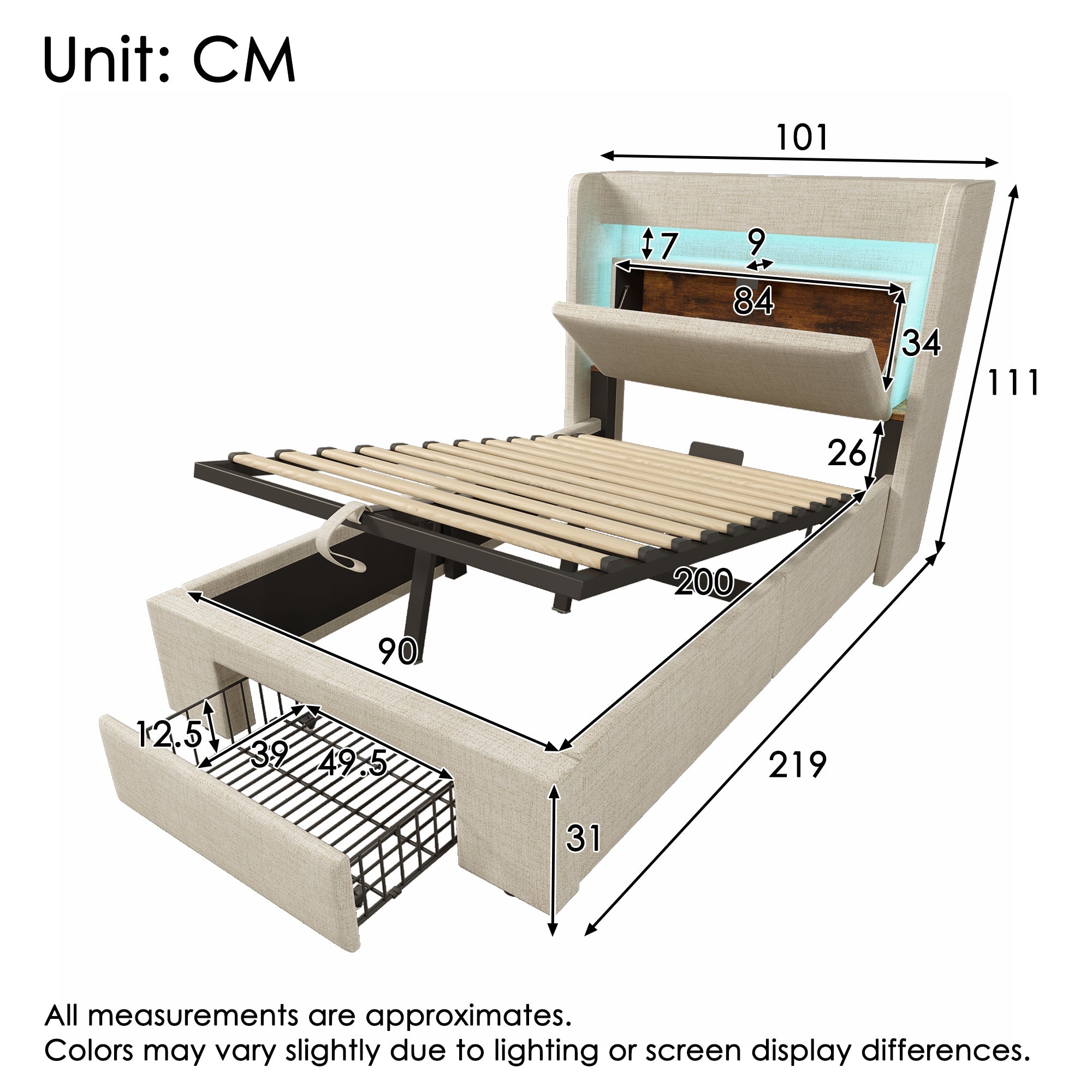 Upholstered Bed 90x200 cm with Hydraulic Storage, LED Lighting and USB Charging, Beige Linen
