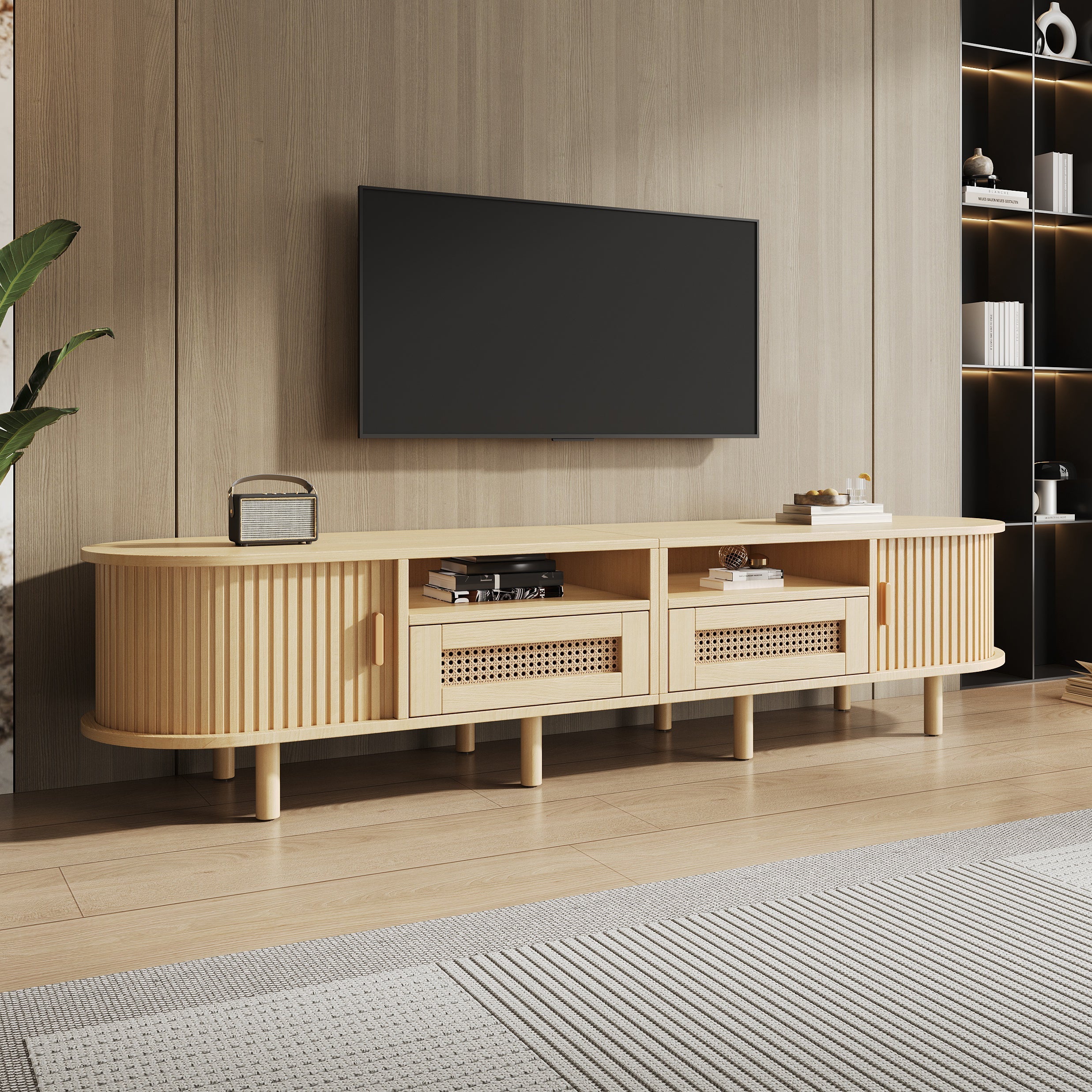 Oval TV Stand for 70 Inches, 2 Rattan Drawers, 2 Sliding Doors, Wood Color