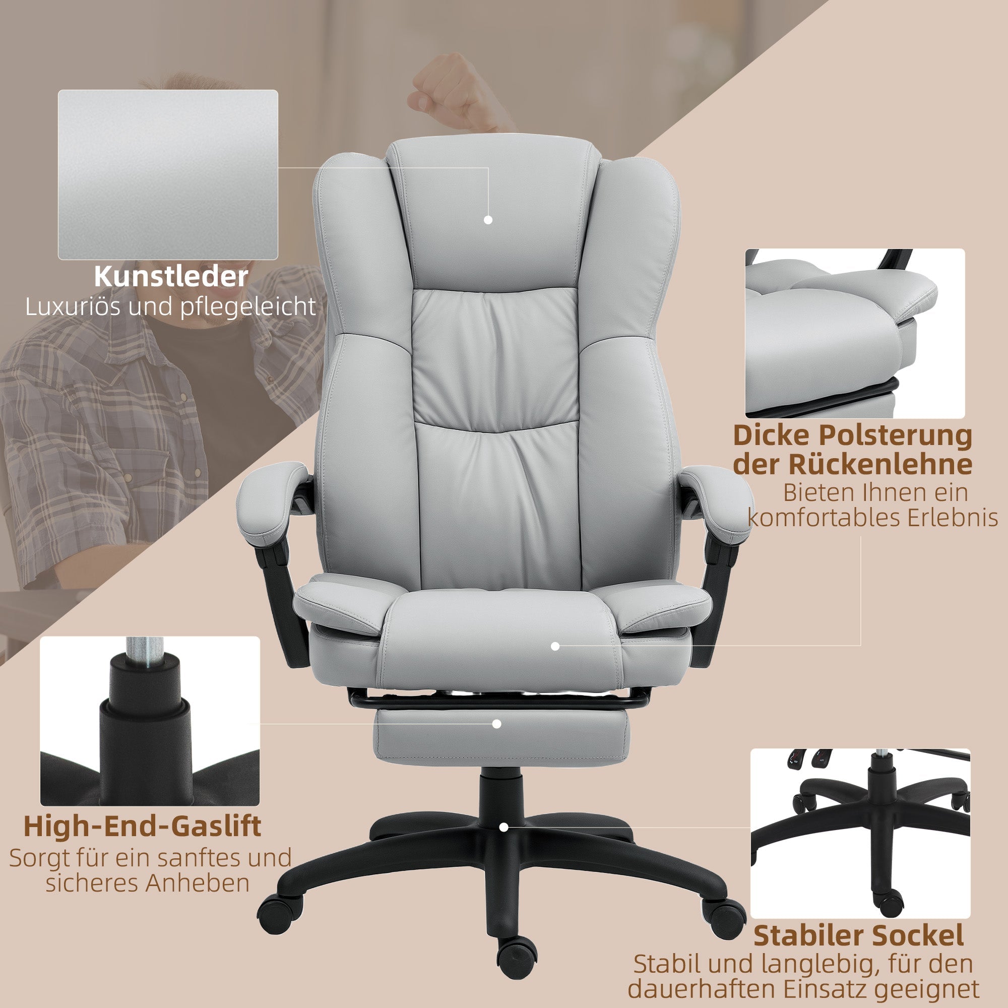 Vinsetto Office Chair, Massage, Reclining, Height-Adjustable, Swivel, Footrest, Faux Leather, Light Grey