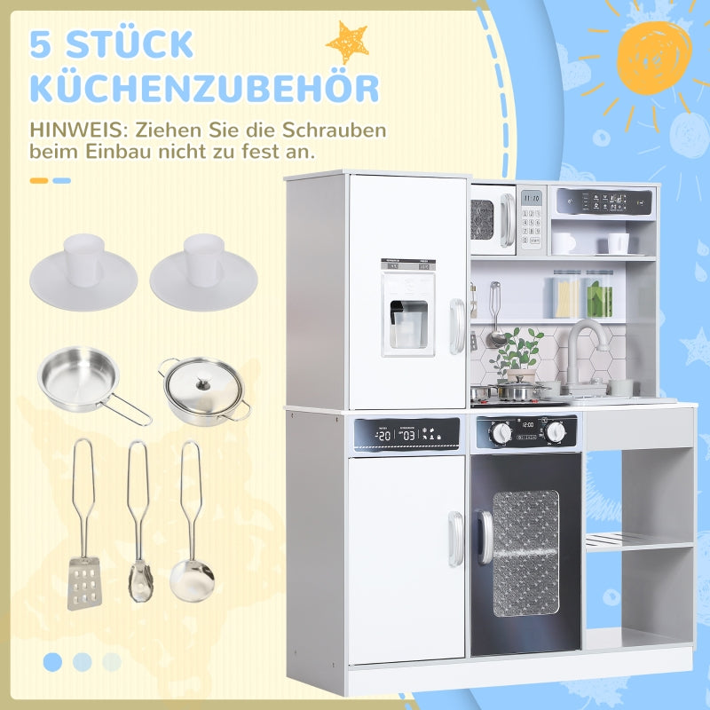 AIYAPLAY Play Kitchen Set, Stainless Steel Dishes, Stove, Sink with Water Circulation, Light & Sound Effects, White