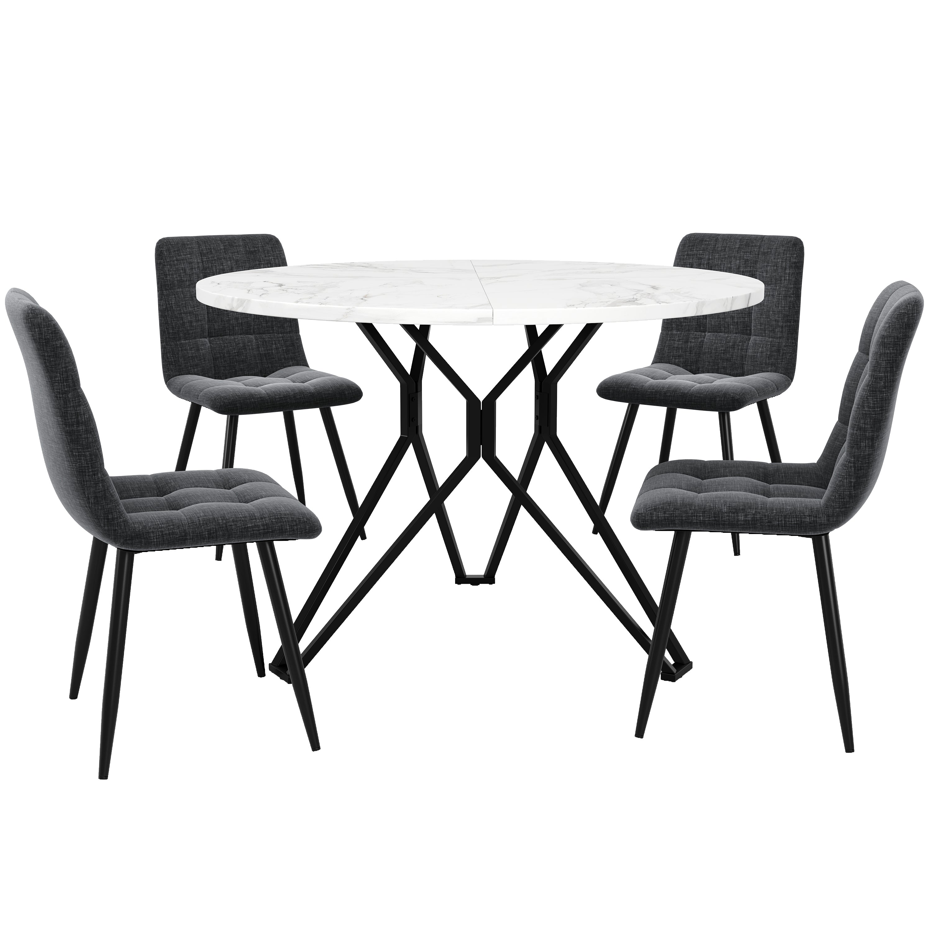 Dining Table Set 5-Piece 100cm Round MDF Marble Top Black Metal Legs Grey Linen