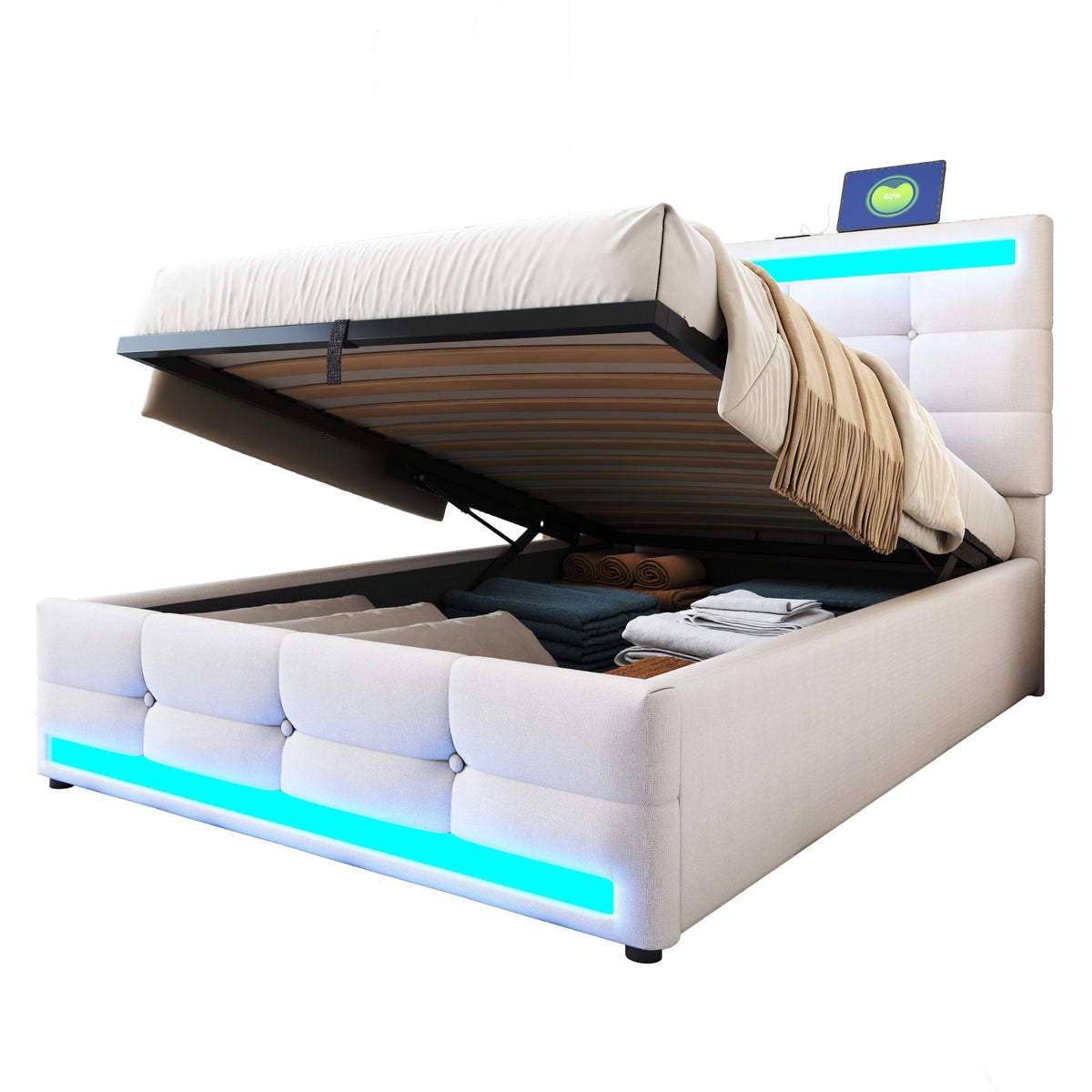 Upholstered Bed 90x200 Hydraulic Storage USB LED Light Strip, Beige Linen