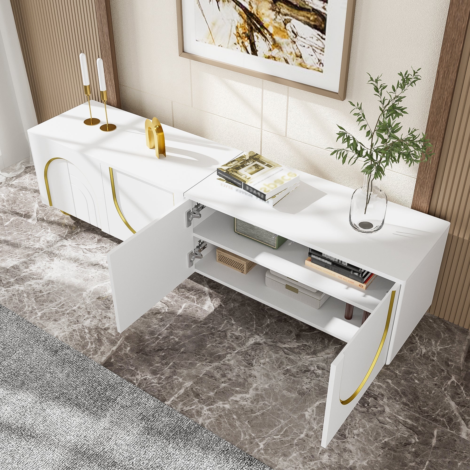 TV Lowboard with Textured Doors, Drawers & Open Compartments - Gold