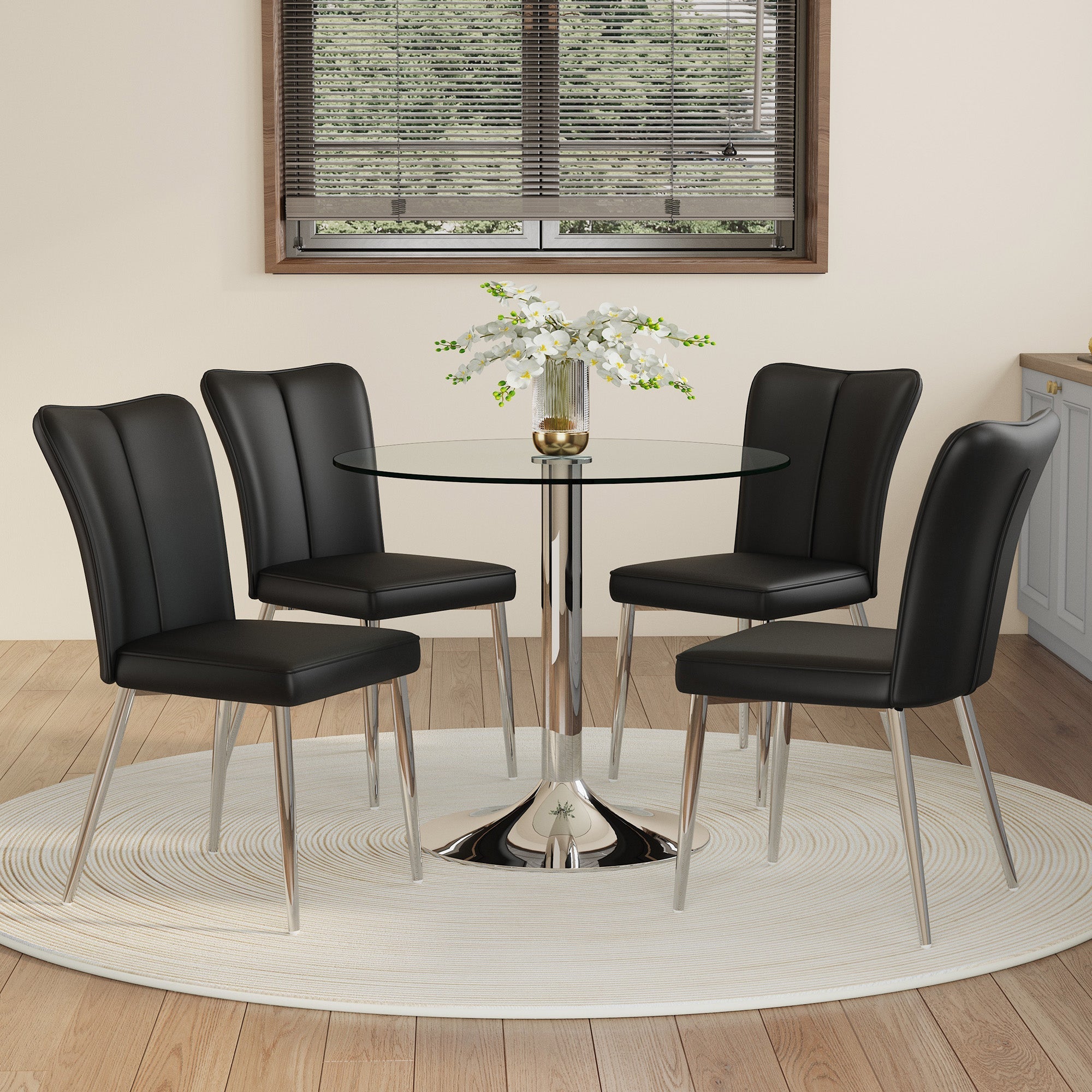 Dining Set 85cm Tempered Glass Table 4 PU Chairs Minimalist - Black