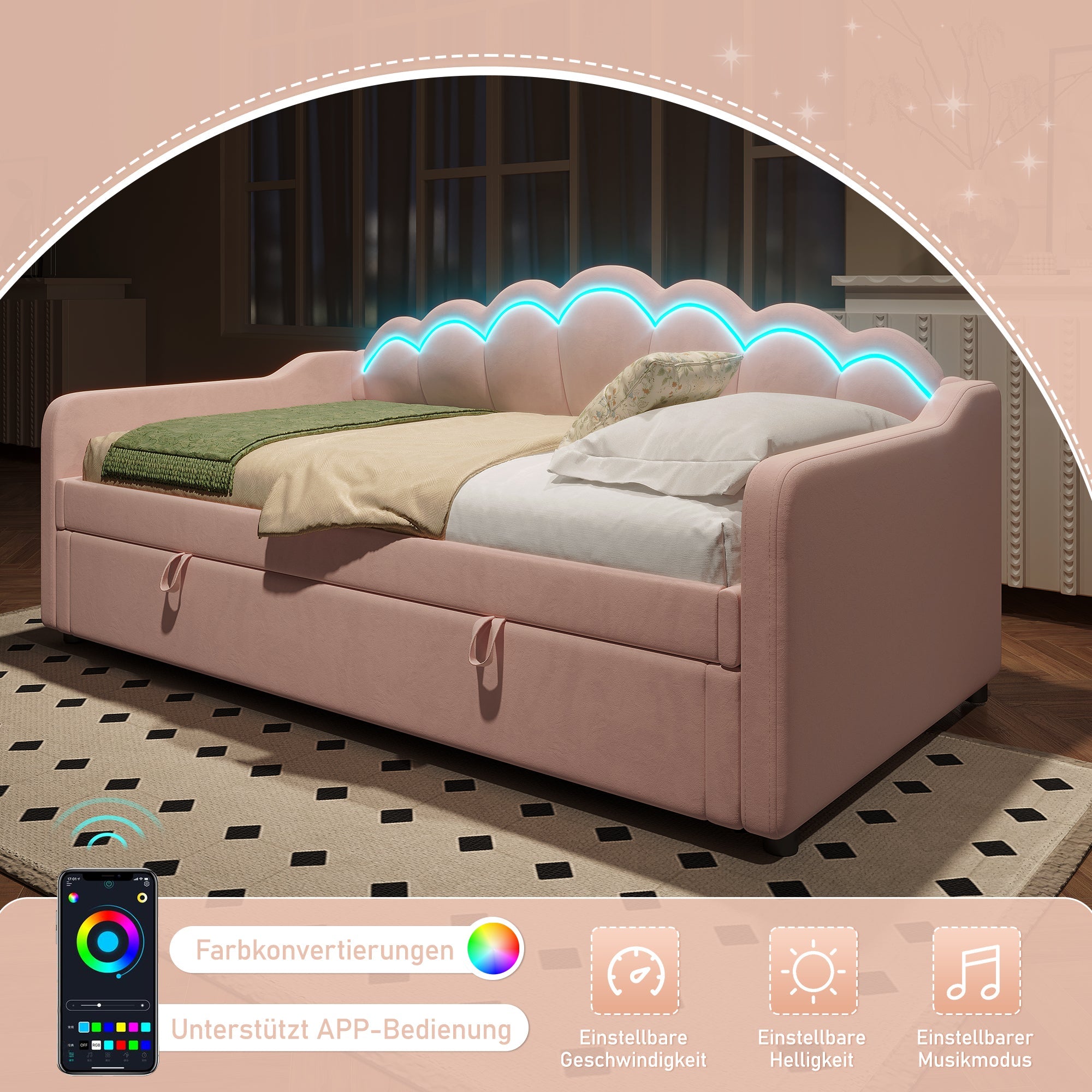 Single pink bed with storage