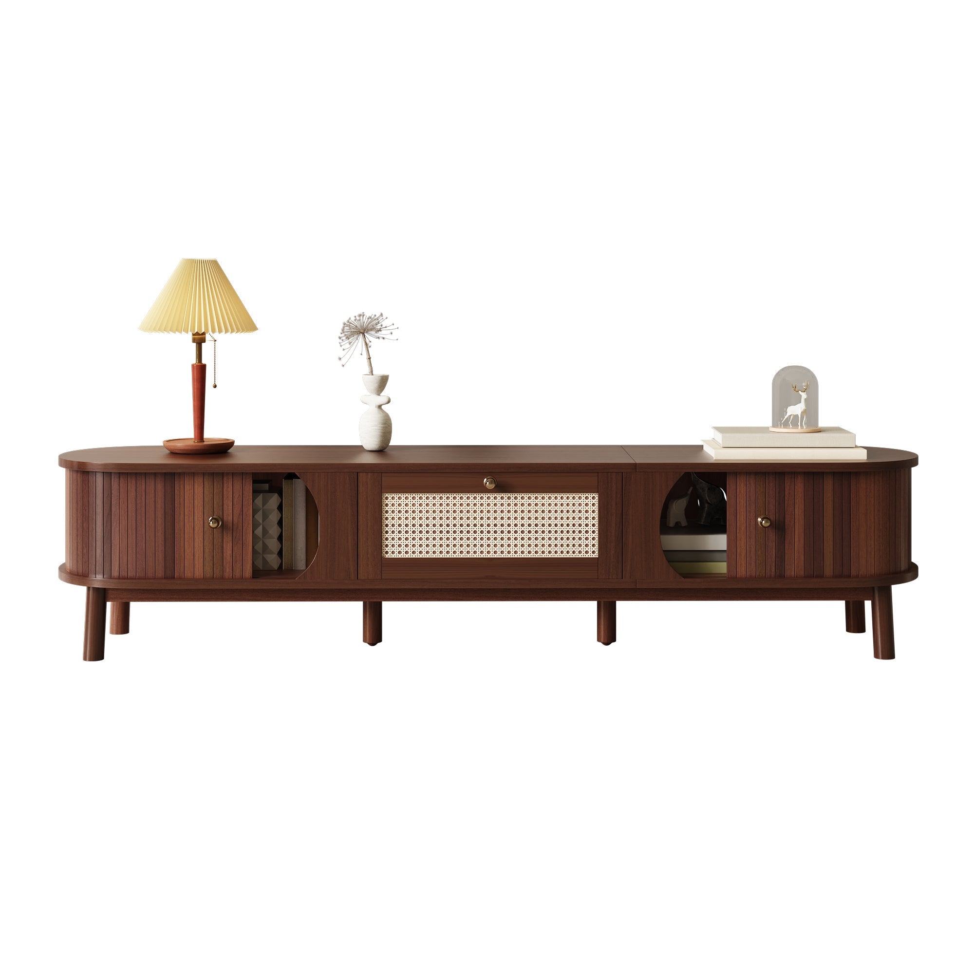 TV Cabinet Natural Wood Doors Rattan Drawers Rustic Storage