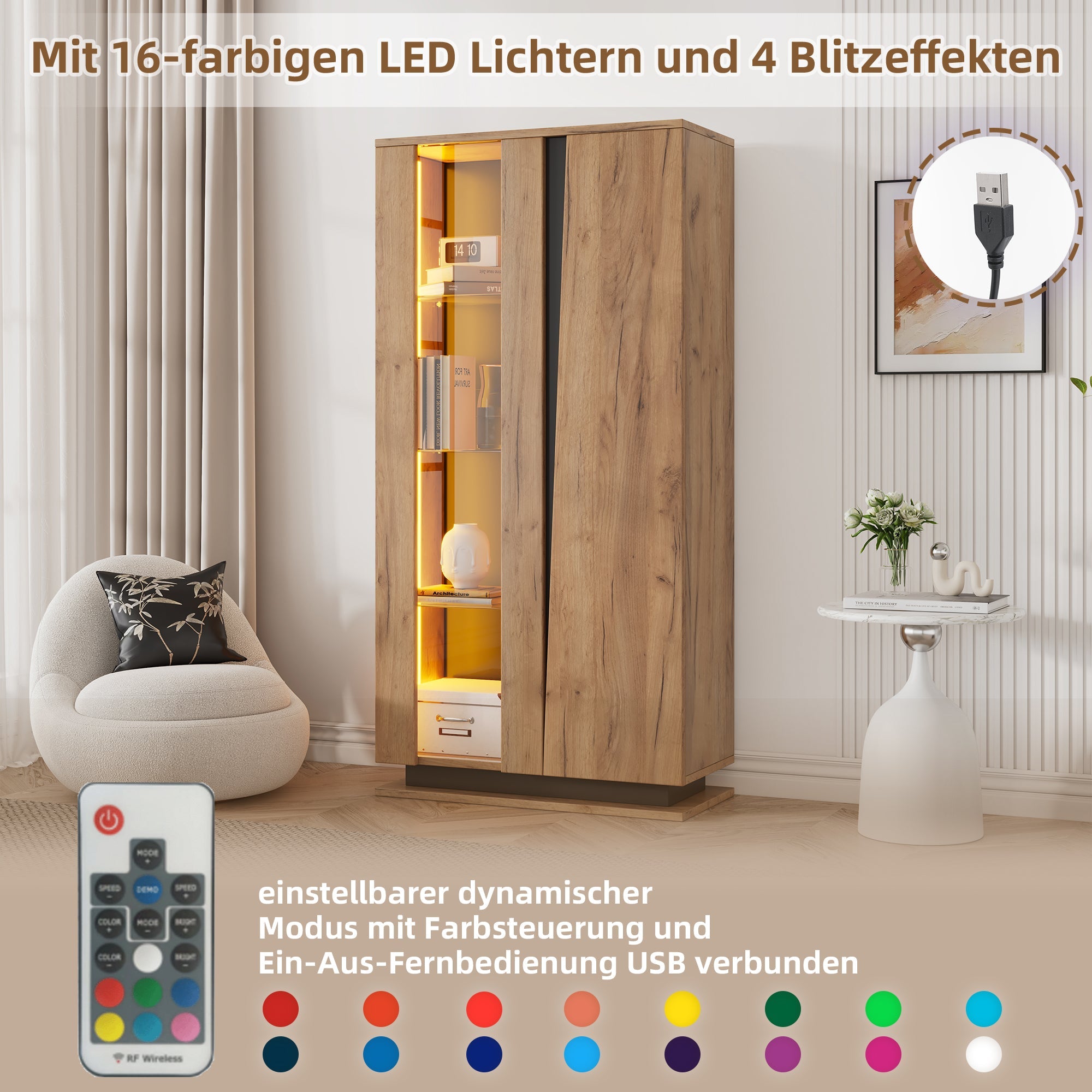 Display Cabinet 80x35x160cm 8 Shelves Glass Dividers Narrow Freestanding Acrylic Wood Color