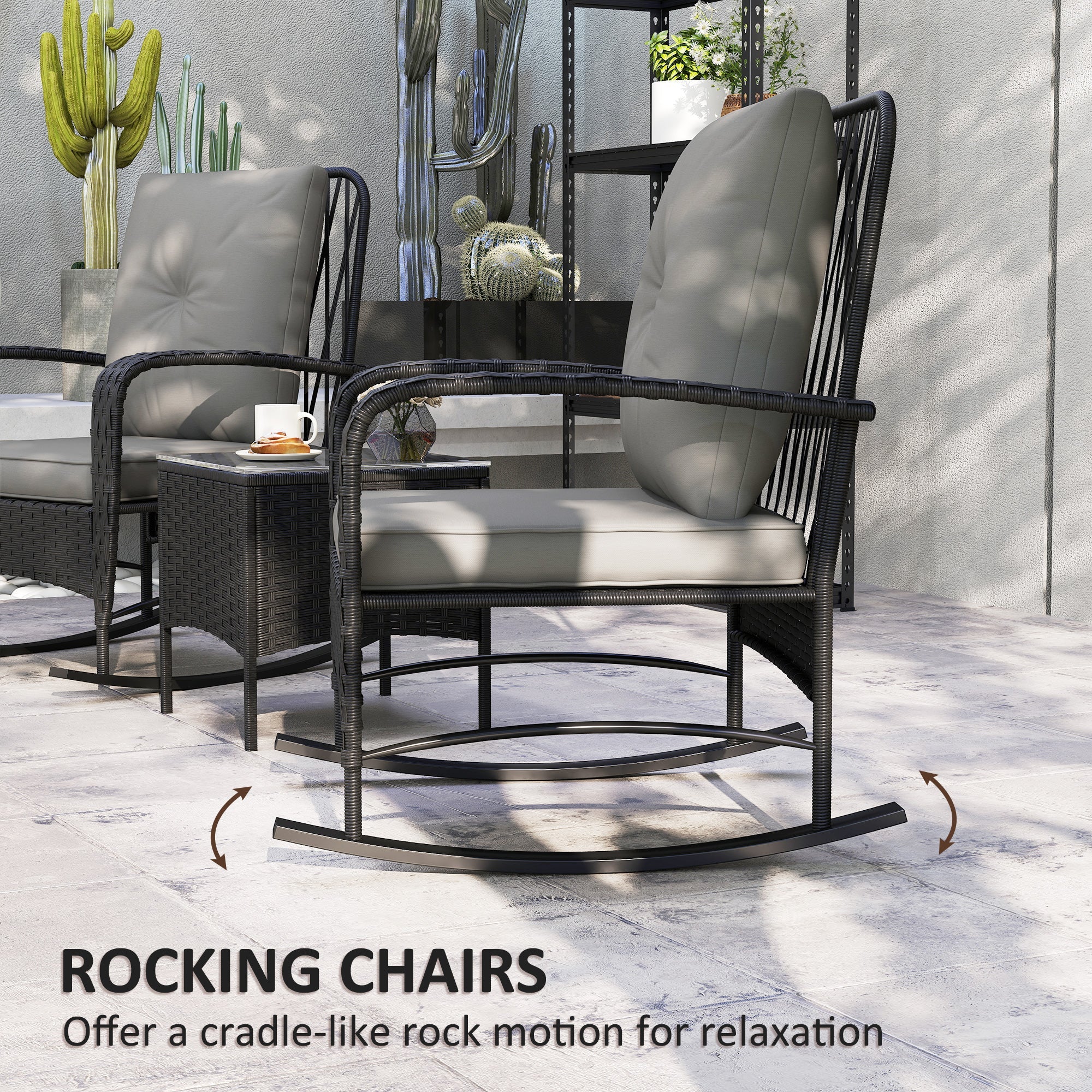 Three-Piece Bistro Set, Rocking Chair Rattan, Black