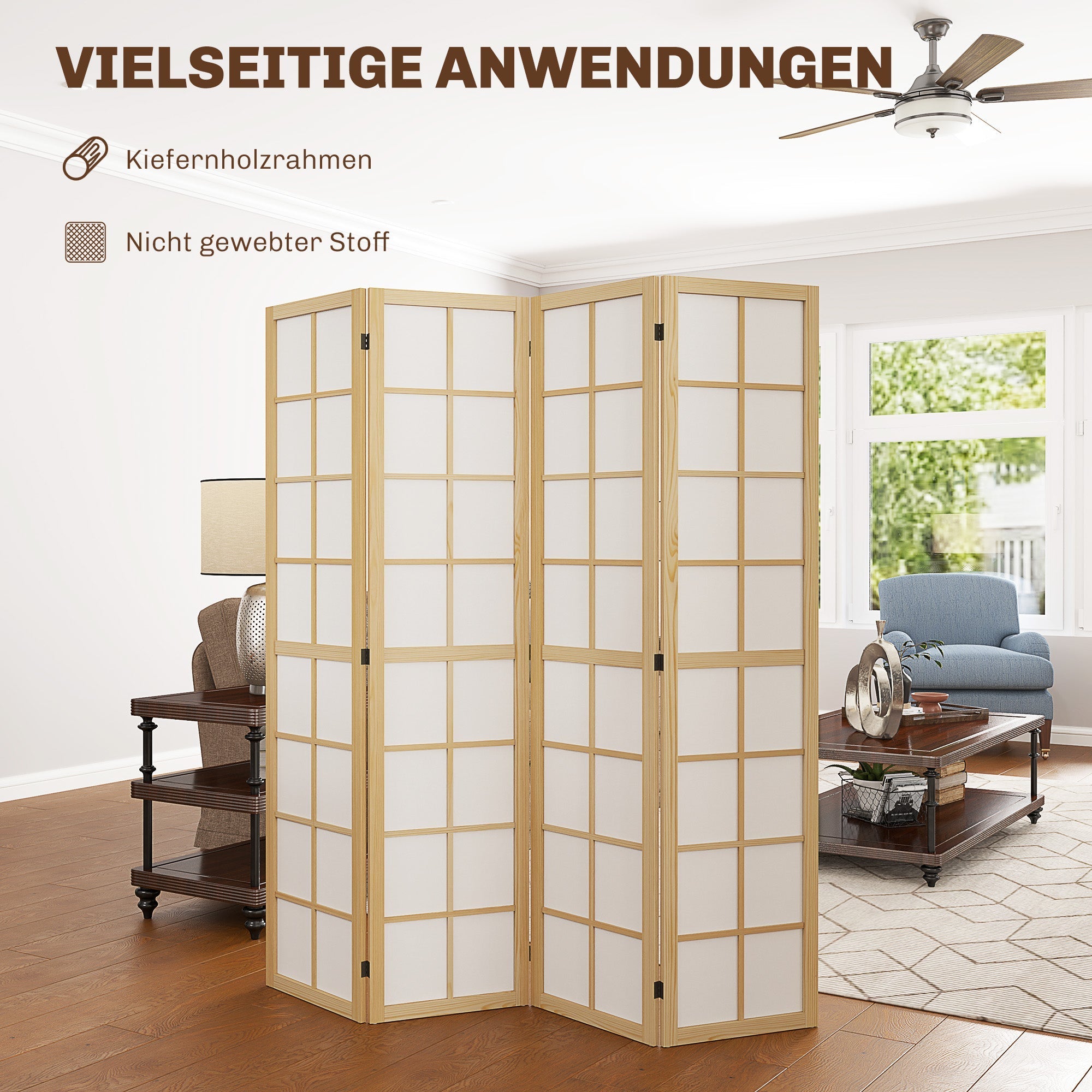 Folding Screen 4-part 160 x 170 cm Room Divider Natural