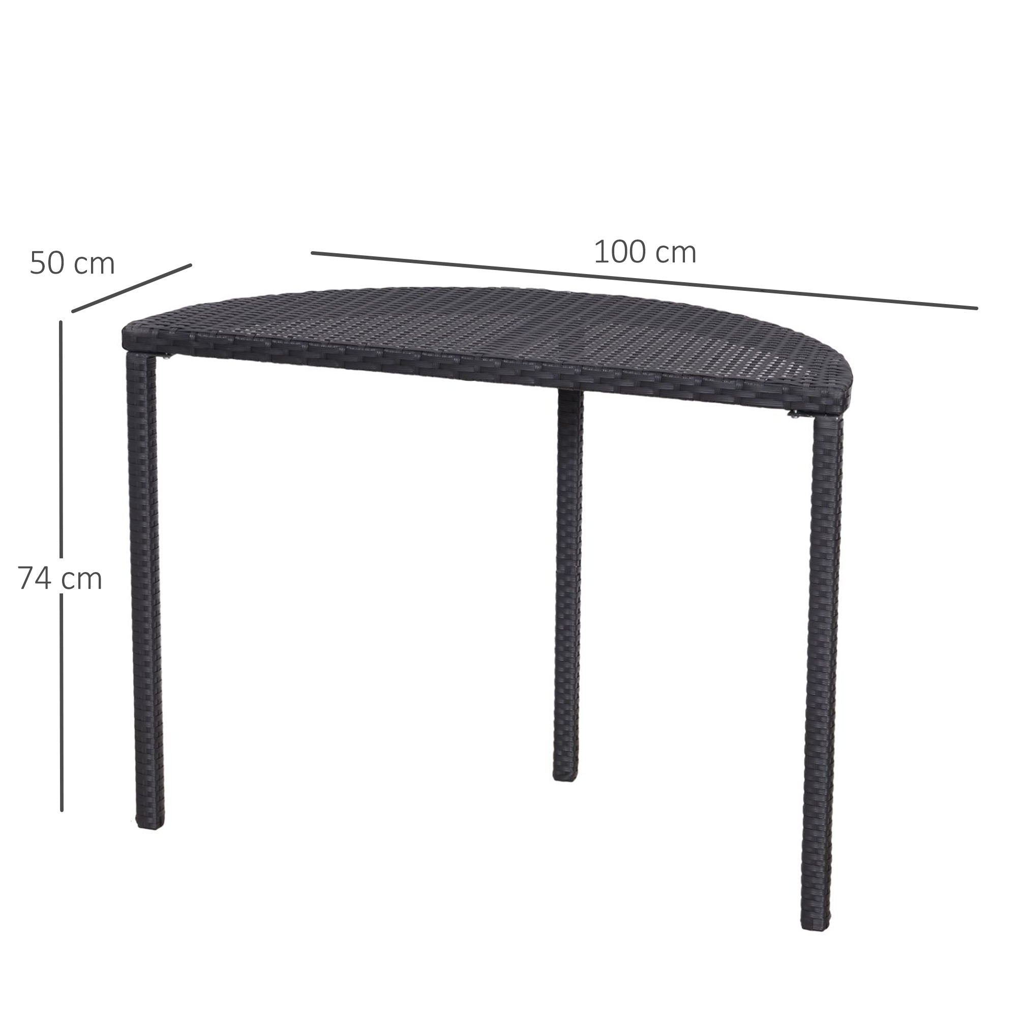 Semi-circular Balcony/Garden Side Table 100x50x74cm Polyrattan and Metal, Black