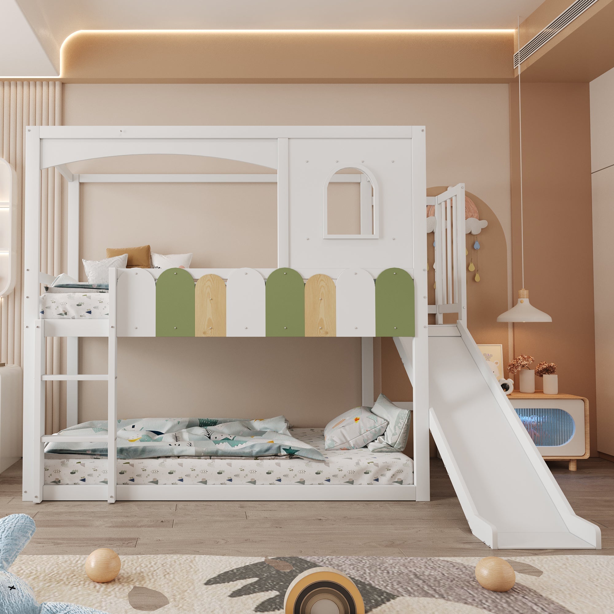 Children's House Loft Bed 90x200cm with Slide Safety Ladder White