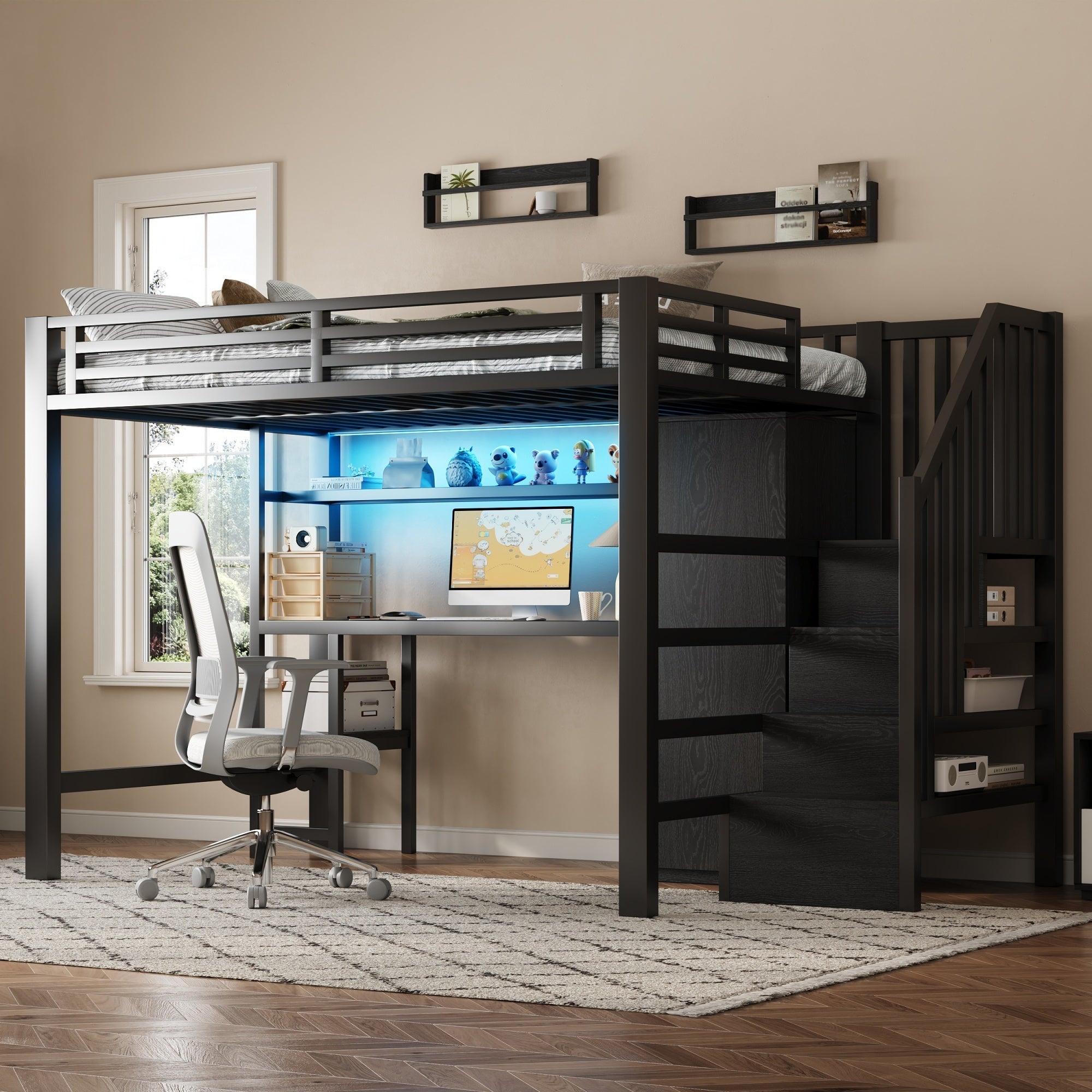 Metal Loft Bed with Desk, Shelf, Wardrobe and Storage Stairs, 140x200cm, Black Metal