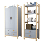 Double-Door Wardrobe Combination Set with Clothes Rail and Drawers, Spruce Wood, Blue/Natural Wood, 180cm