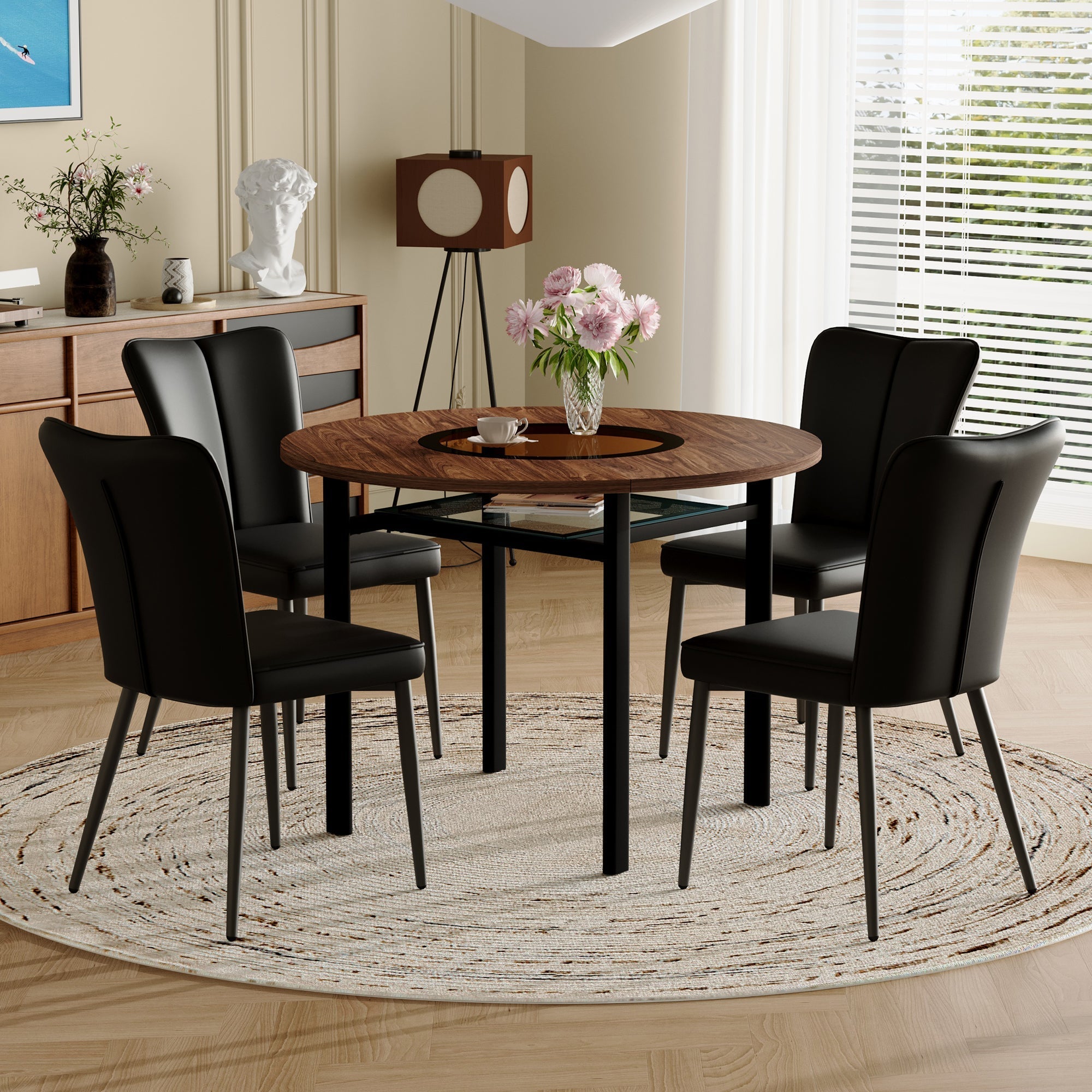Dining Table Set Round 100cm 4 Chairs - Wood Look/Black PU