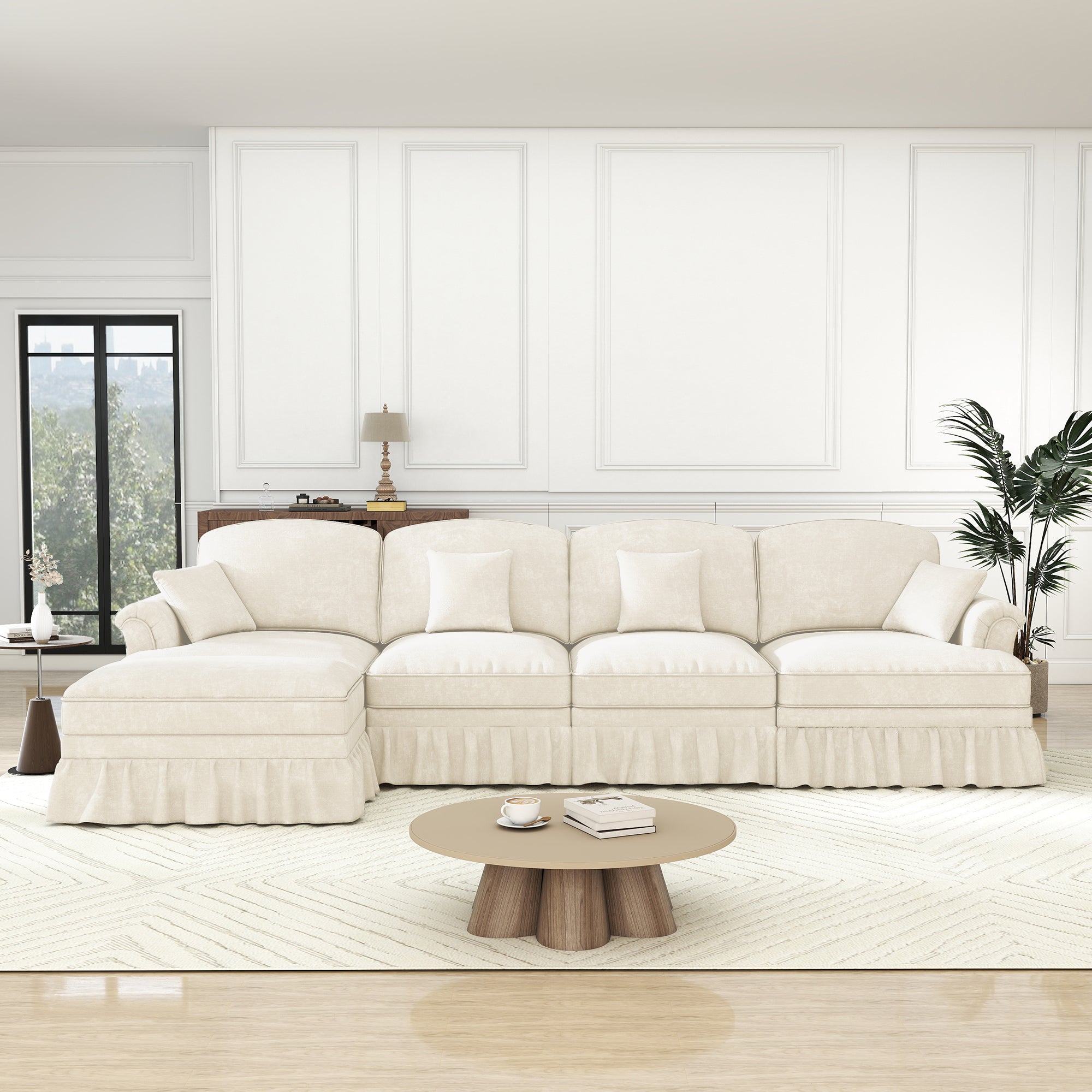 Modular L-Shaped 4-Seater Sofa with Movable Ottoman, Ruffled Apron, Spindle Legs Chenille White