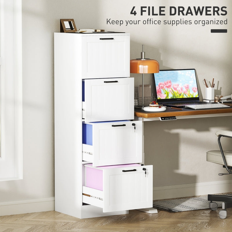 4 Drawer Filing Cabinet with Lock and Adjustable Hanging Bars, White
