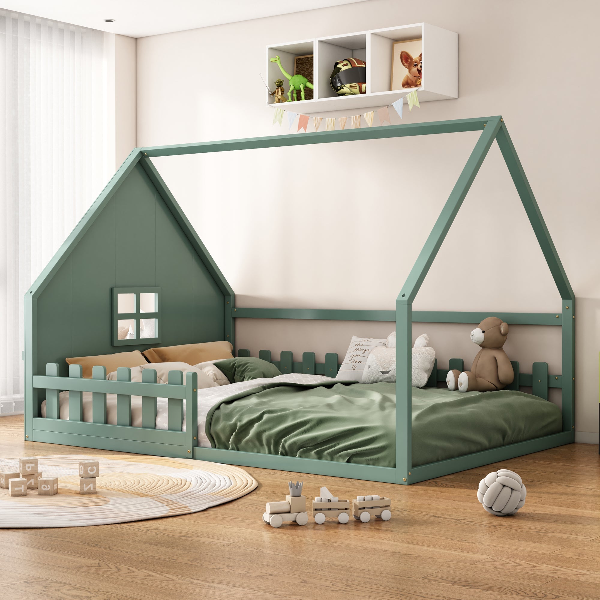 Flatbed 140x200cm House Rail Railing Pine Wood - Green