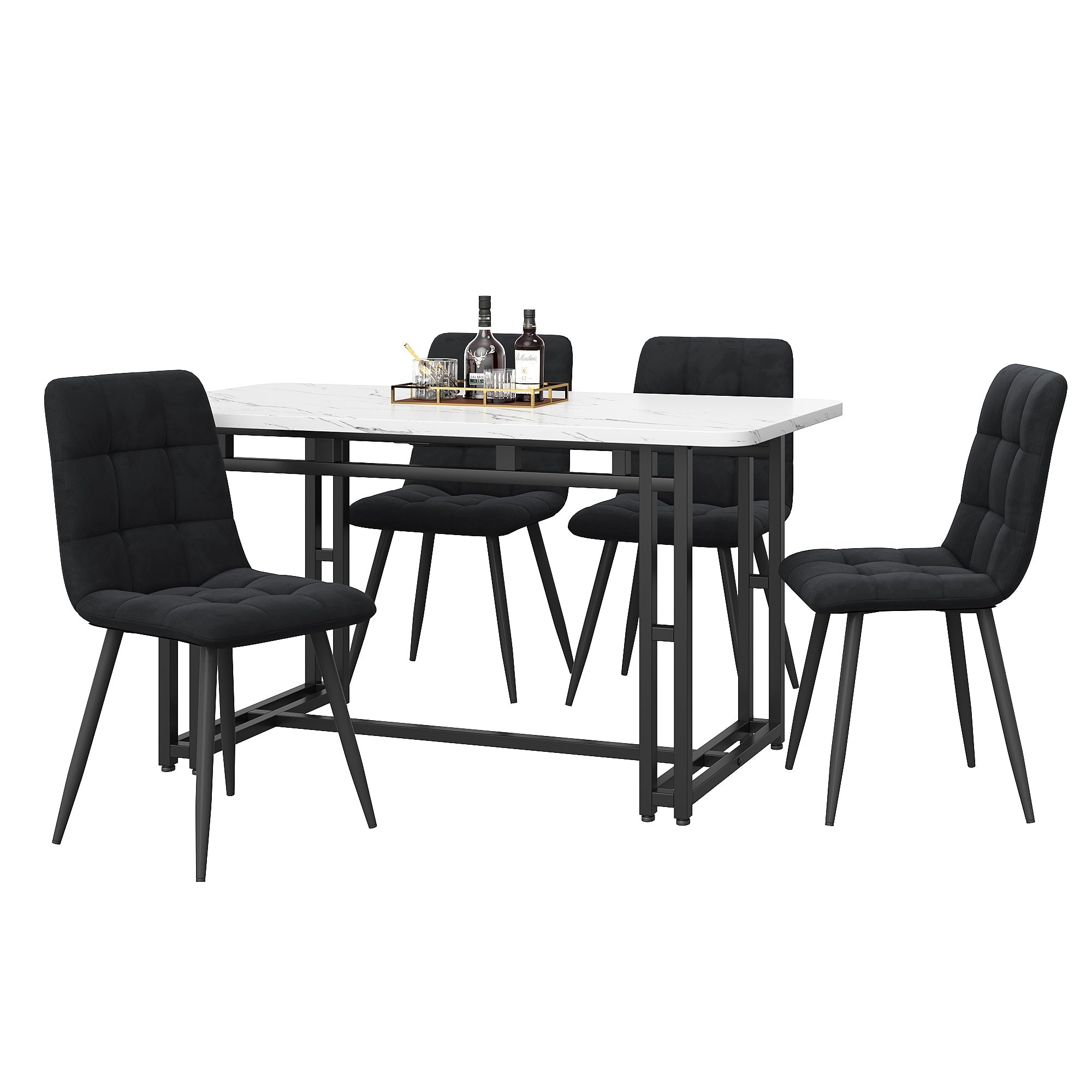 Dining Set (5-Piece) 120x70cm, Modern Kitchen Table with 4 Velvet Chairs, Black/Iron