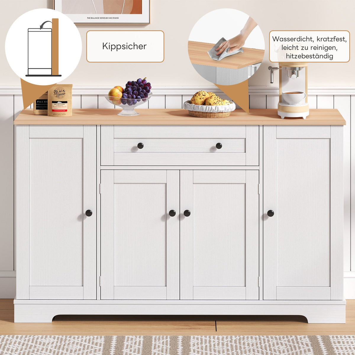 Multifunctional Kitchen Buffet 138cm Drawer Adjustable Shelves