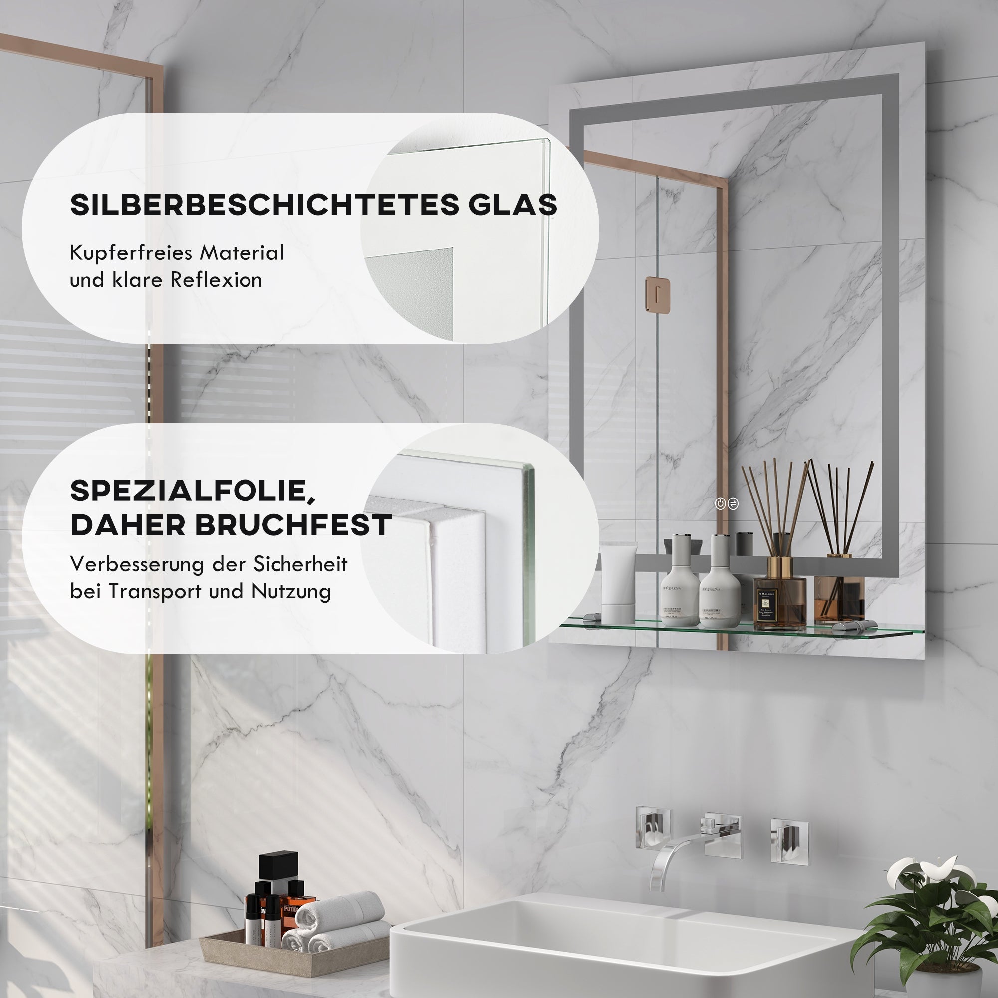Kleankin Bathroom Mirror, LED, Anti-Fog, Touch Switch, Silver