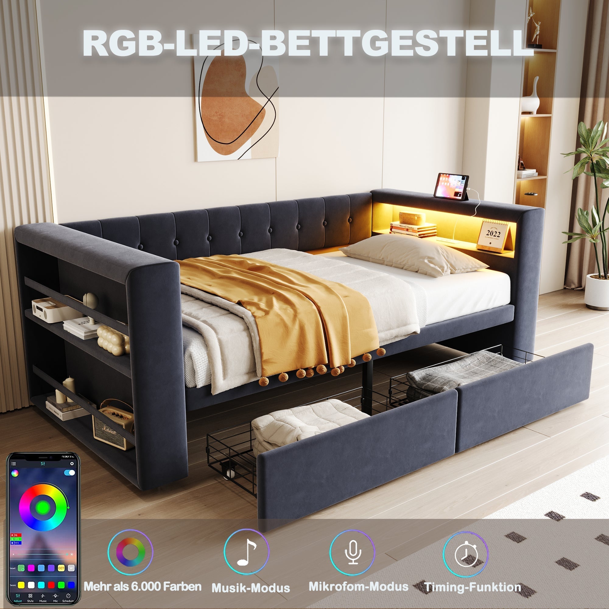 Upholstered Bed 90×190 cm LED Power Outlet Storage Drawers, Dark Grey