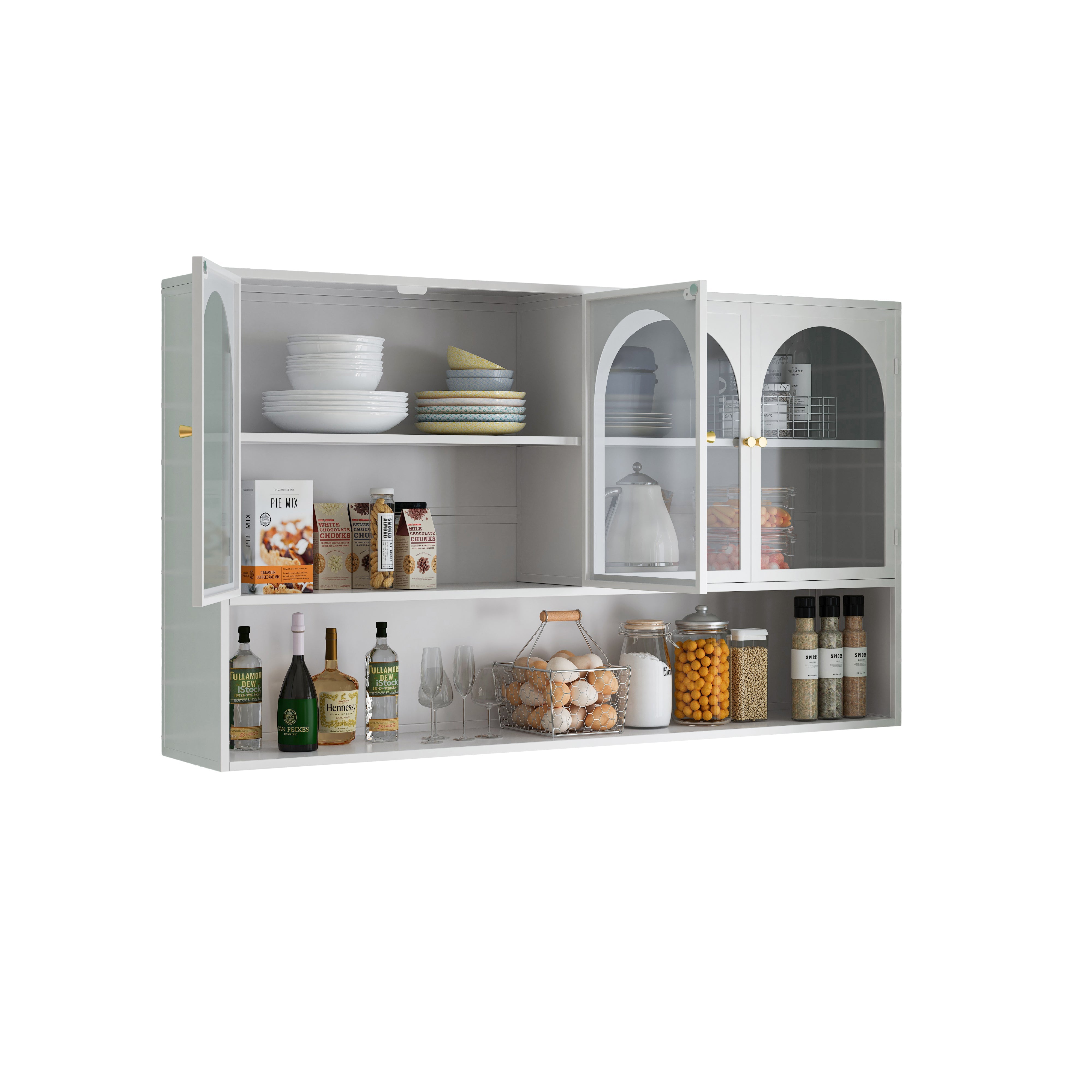 Four-door Wall Cabinet, 120CM Glass Storage, White