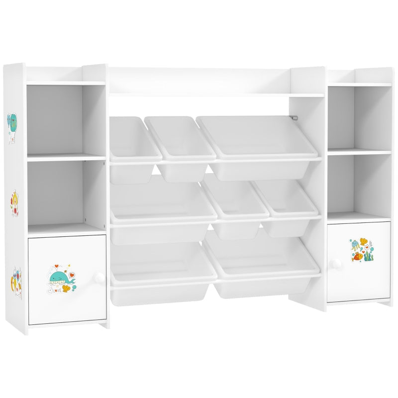 Kids Toy Organizers and Storage with 8 Removable Bins and Bookshelf, White