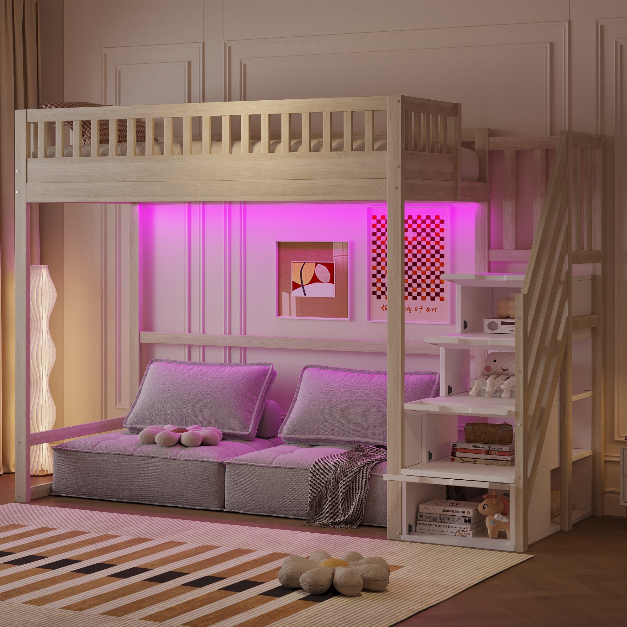 Loft Bed with Safety Railing, LED Light Strip and Interchangeable Ladder, 90x200cm, Natural Pine Wood
