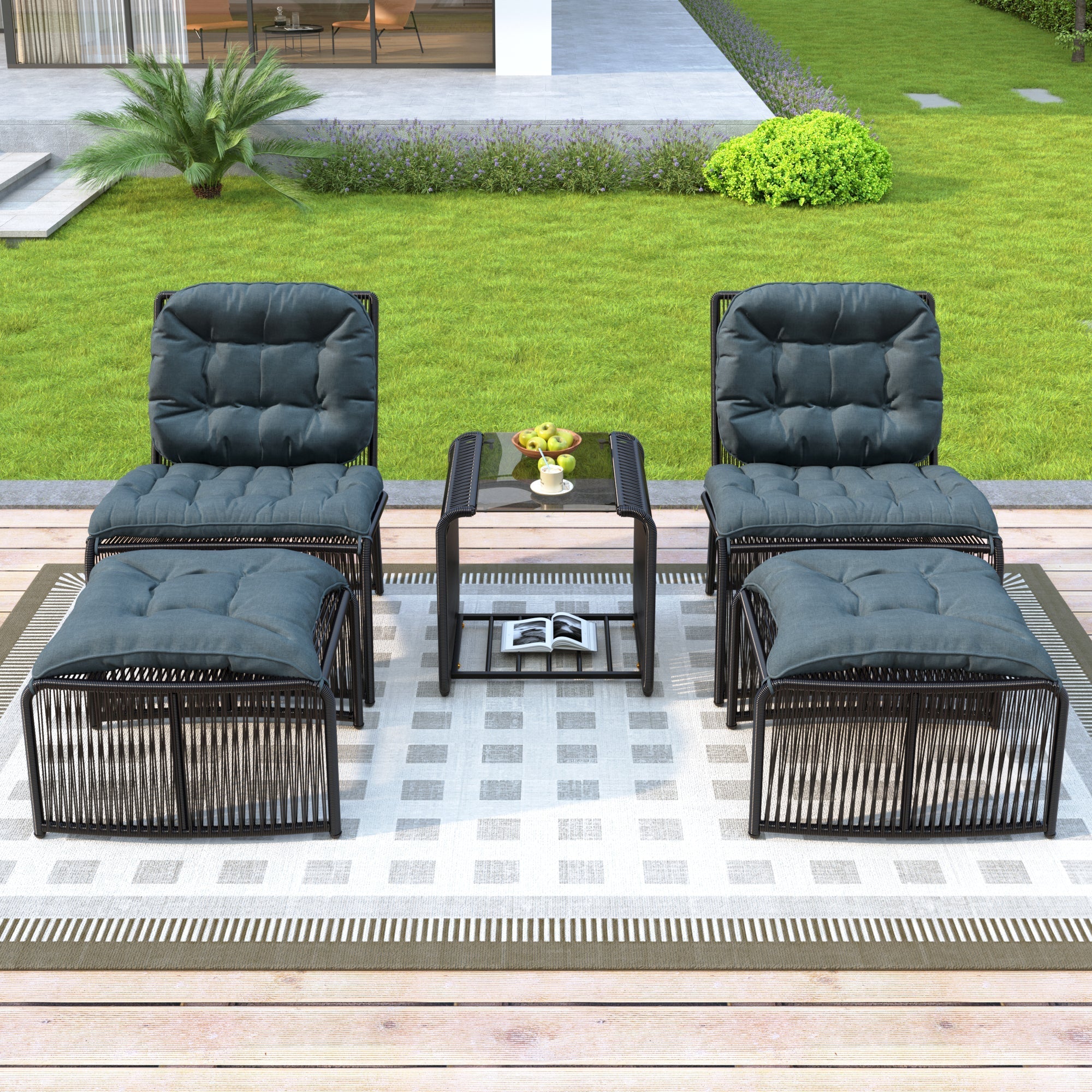 5-Piece Outdoor Garden Furniture Set with Table, 2 Chairs, 2 Stools and Glass Top, PE Rattan and Iron Frame