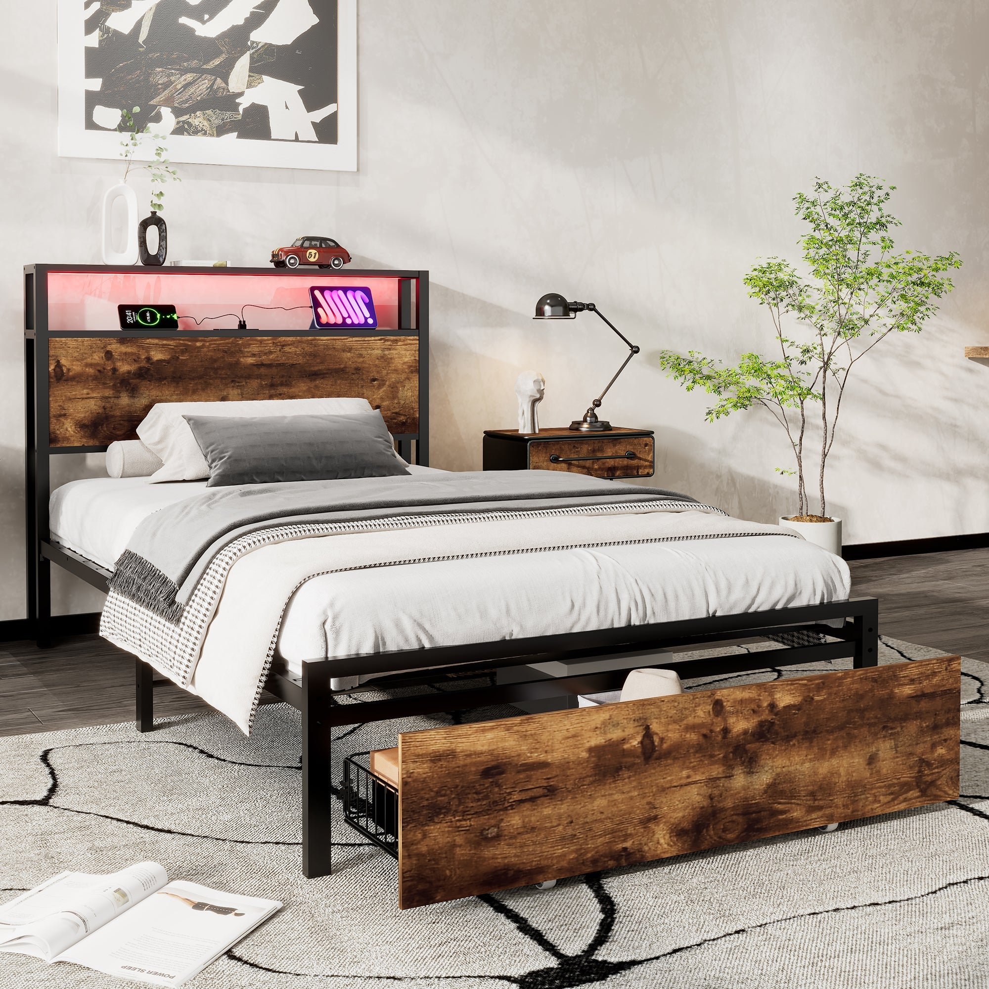 Metal Bed, 3FT Single with LED Light Strip & Drawer, Black & Walnut