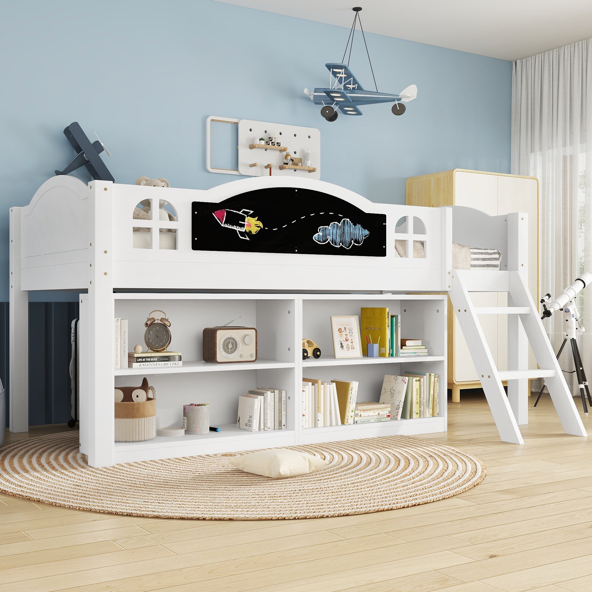 Wooden Storage Bed, 3ft Single with Blackboard and Staircase, White Pine/MDF