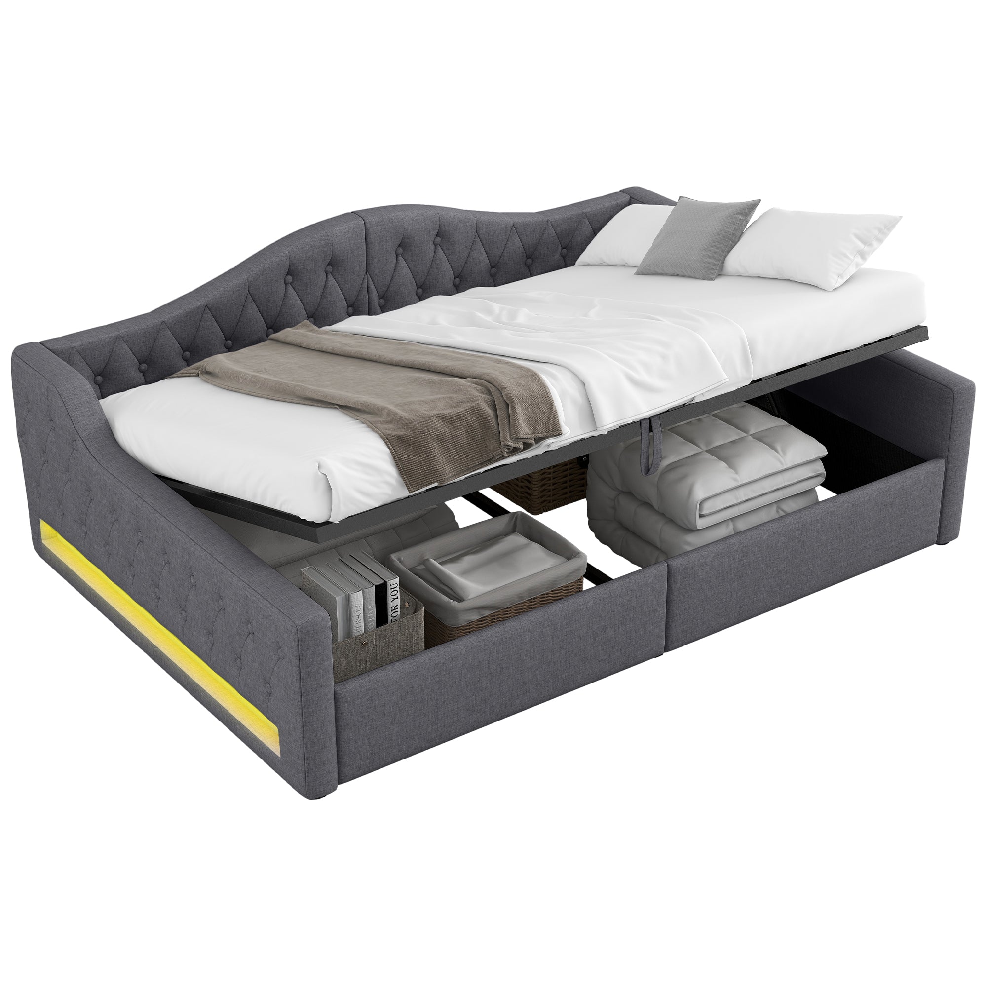 Daybed Upholstered 140x200cm LED Storage - Grey