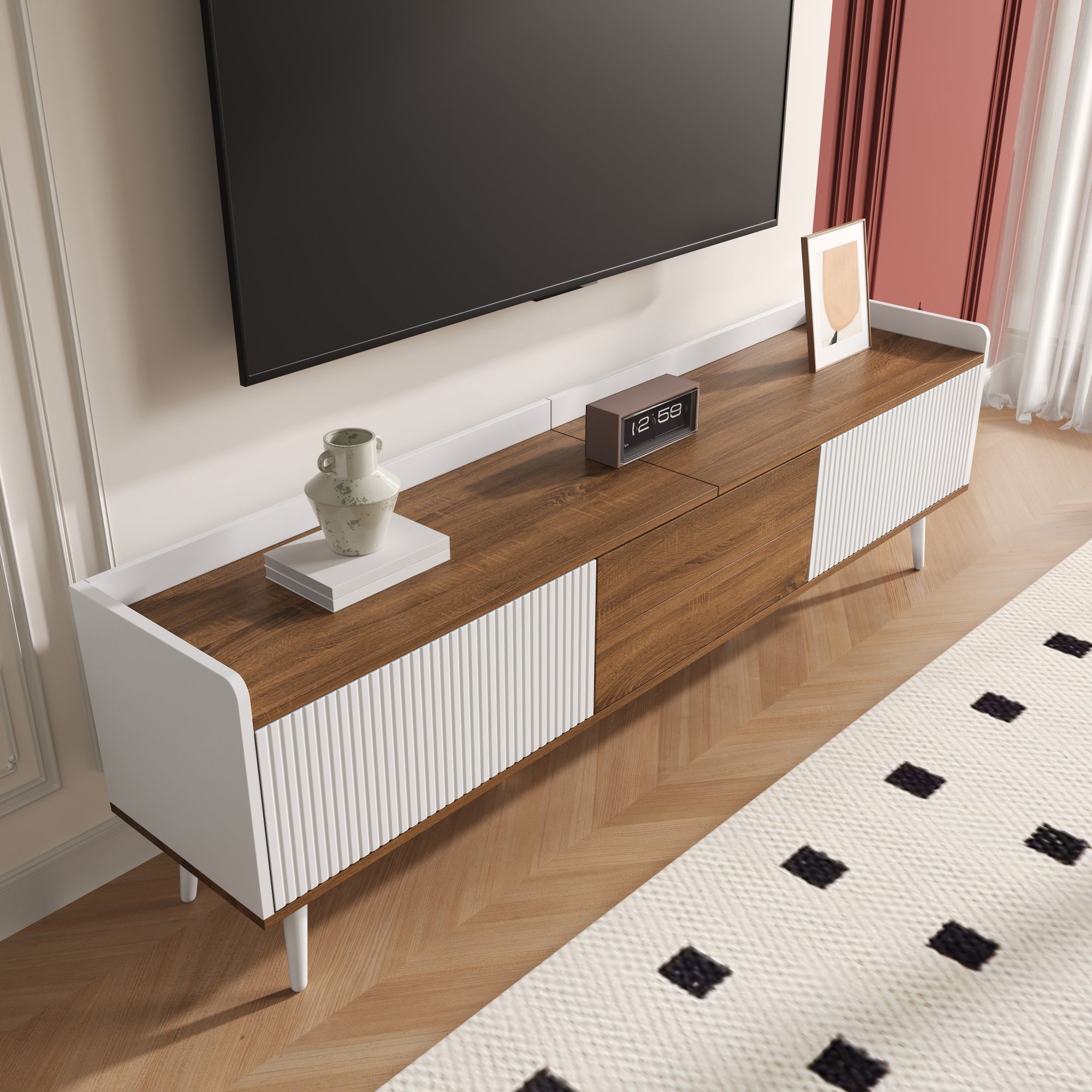 TV Cabinet, 3-Door Base, Compact Design, White and Natural Wood