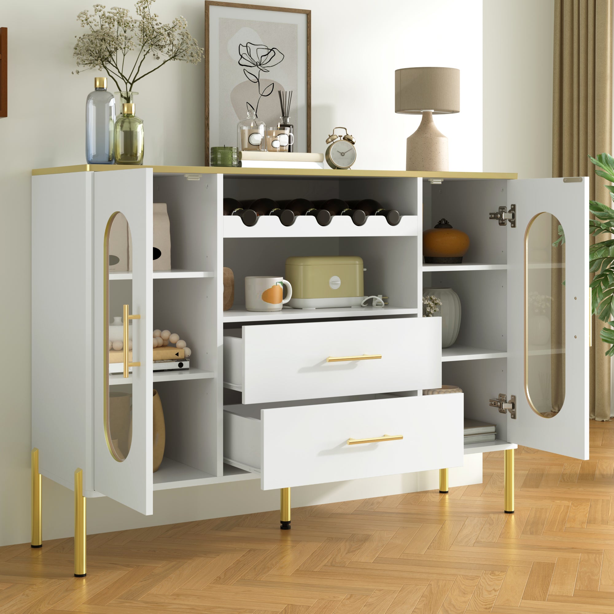 Sideboard, Glass Fronts & Wine Rack, White