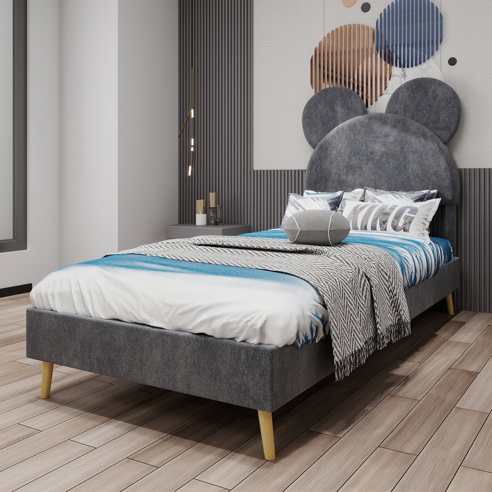 Upholstered Bed, Modern Minimalist, Cartoon-Design Headboard, 140x200 cm, Grey